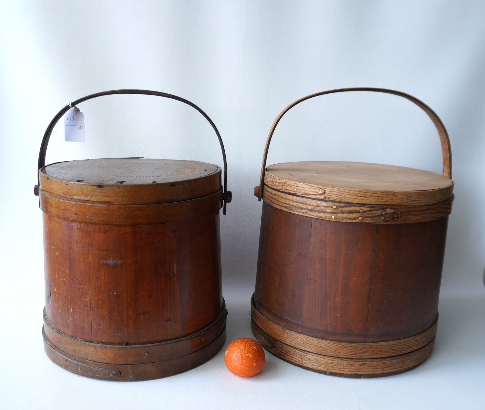 Two large firkins, one all original with minor losses to top of lid; the other with a newer lid and (1 of 3)