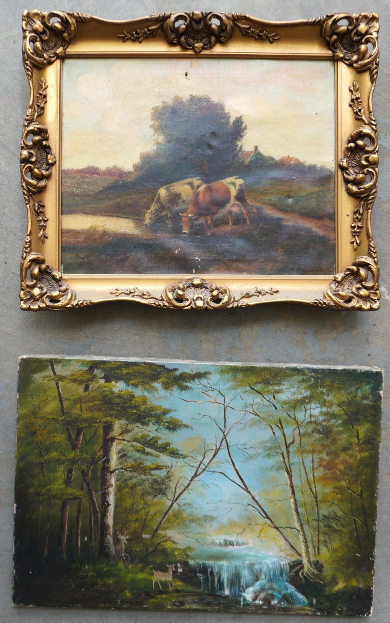 Two 19th century landscapes including: Waterfall in forest with deer - 2 small canvas tears, else (1 of 7)