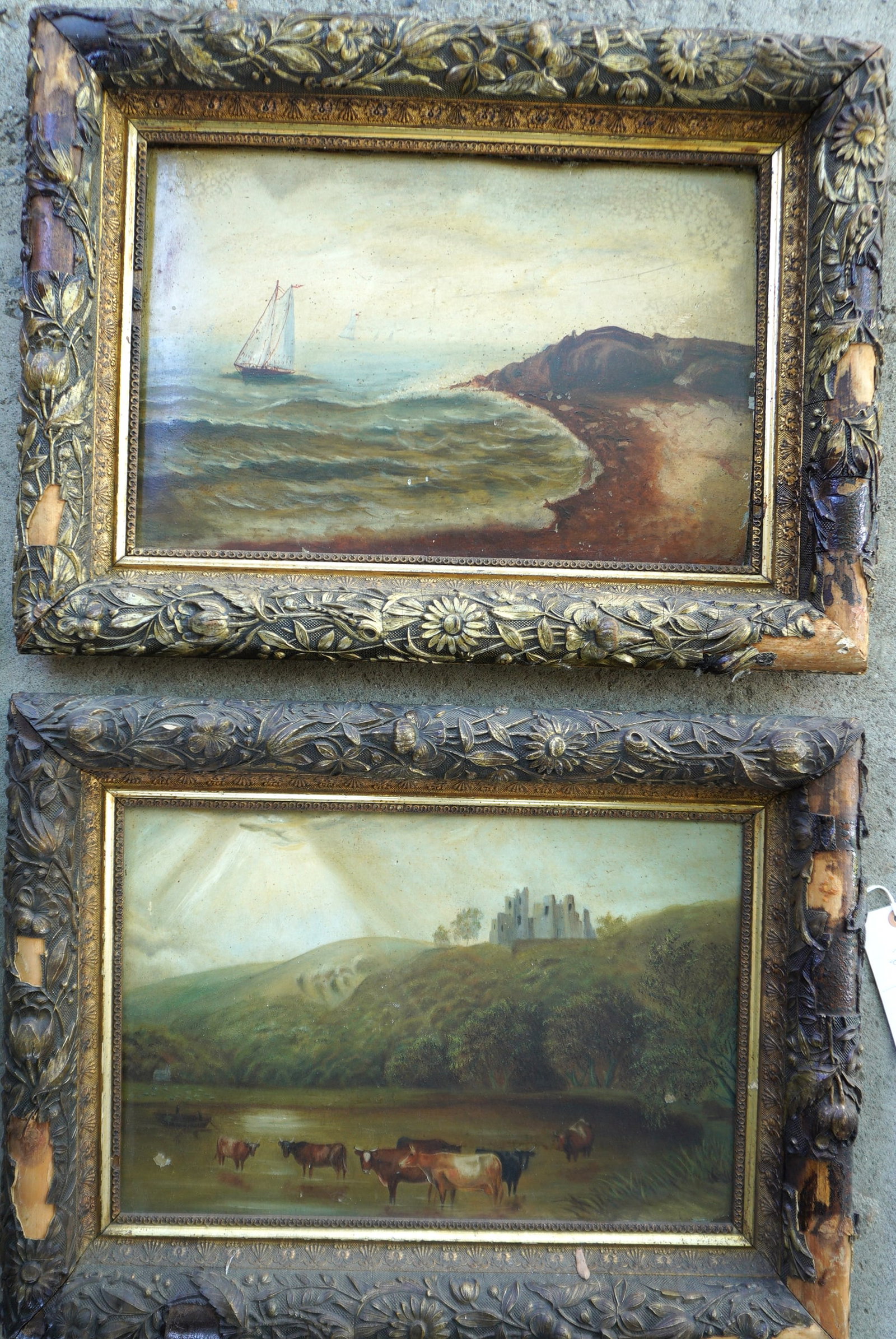 Two 19th century country paintings, pastoral with cows in pond, and seascape with sailboats in: Two 19th century country paintings, pastoral with cows in pond, and seascape with sailboats in river. Both paintings, oil on Devoe artist boards, have several surface paint flakes, else good condition