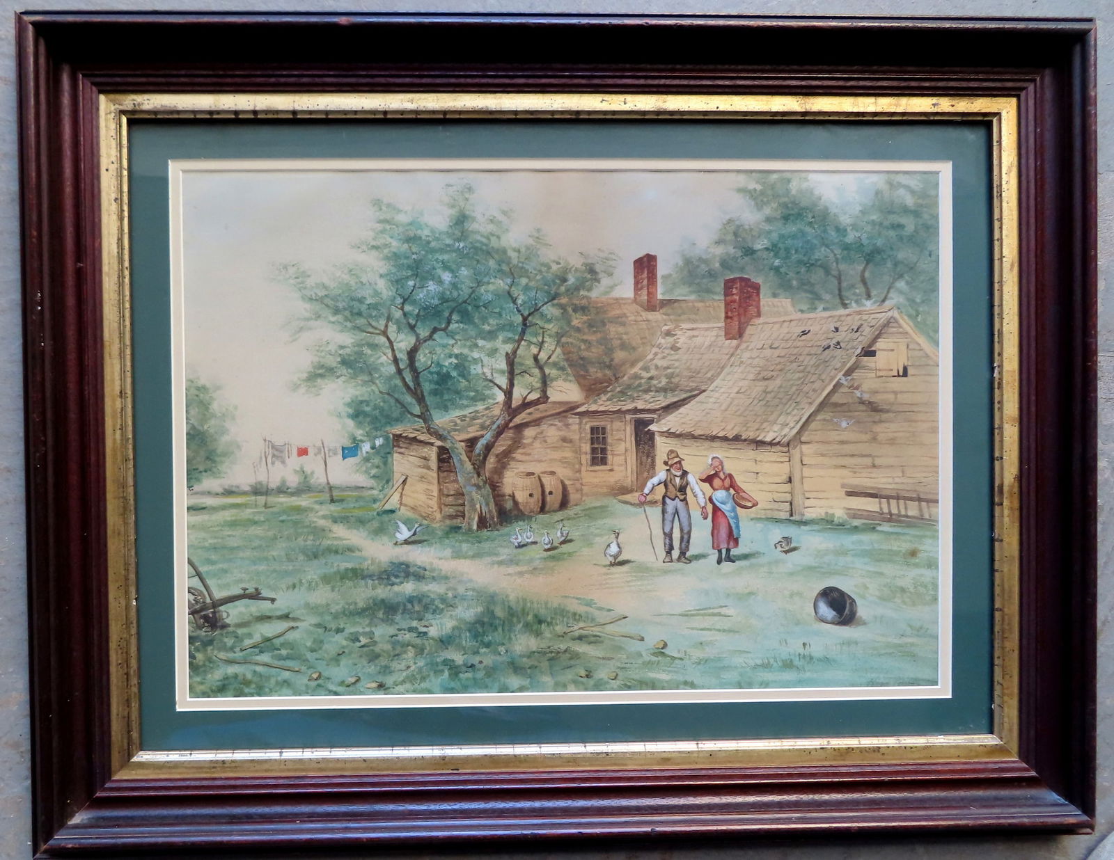 Hugo Possner, California, 1859-1933. Folk art W/C Farm scene, depicting farmhouse with older man (1 of 5)