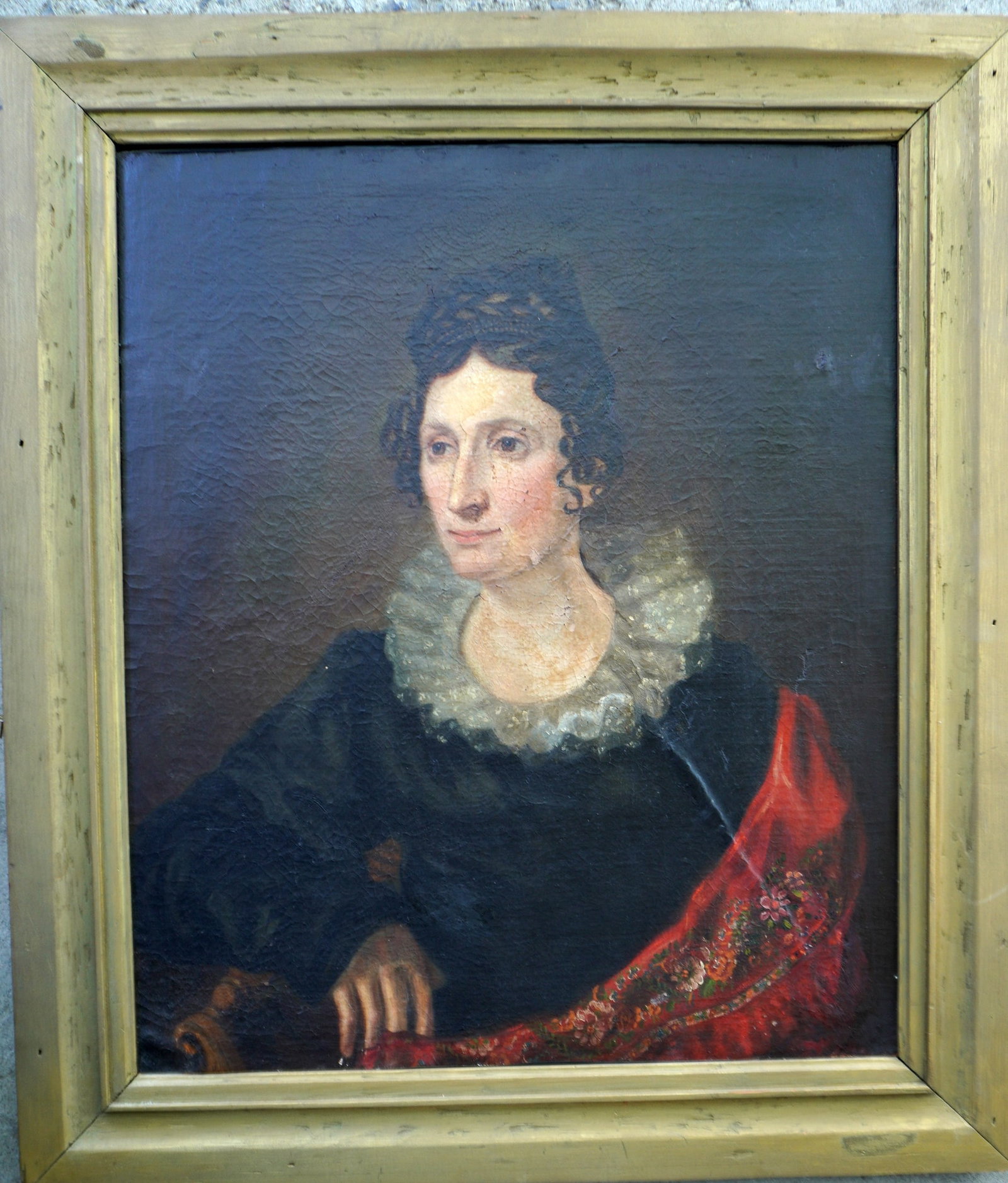 O/C Portrait of a woman with curly hair, lace collar and wearing floral decorated shawl, early to: O/C Portrait of a woman with curly hair, lace collar and wearing floral decorated shawl, early to mid 19th century. Several repairs and in paint and a taped repair along the top edge noticeable on the