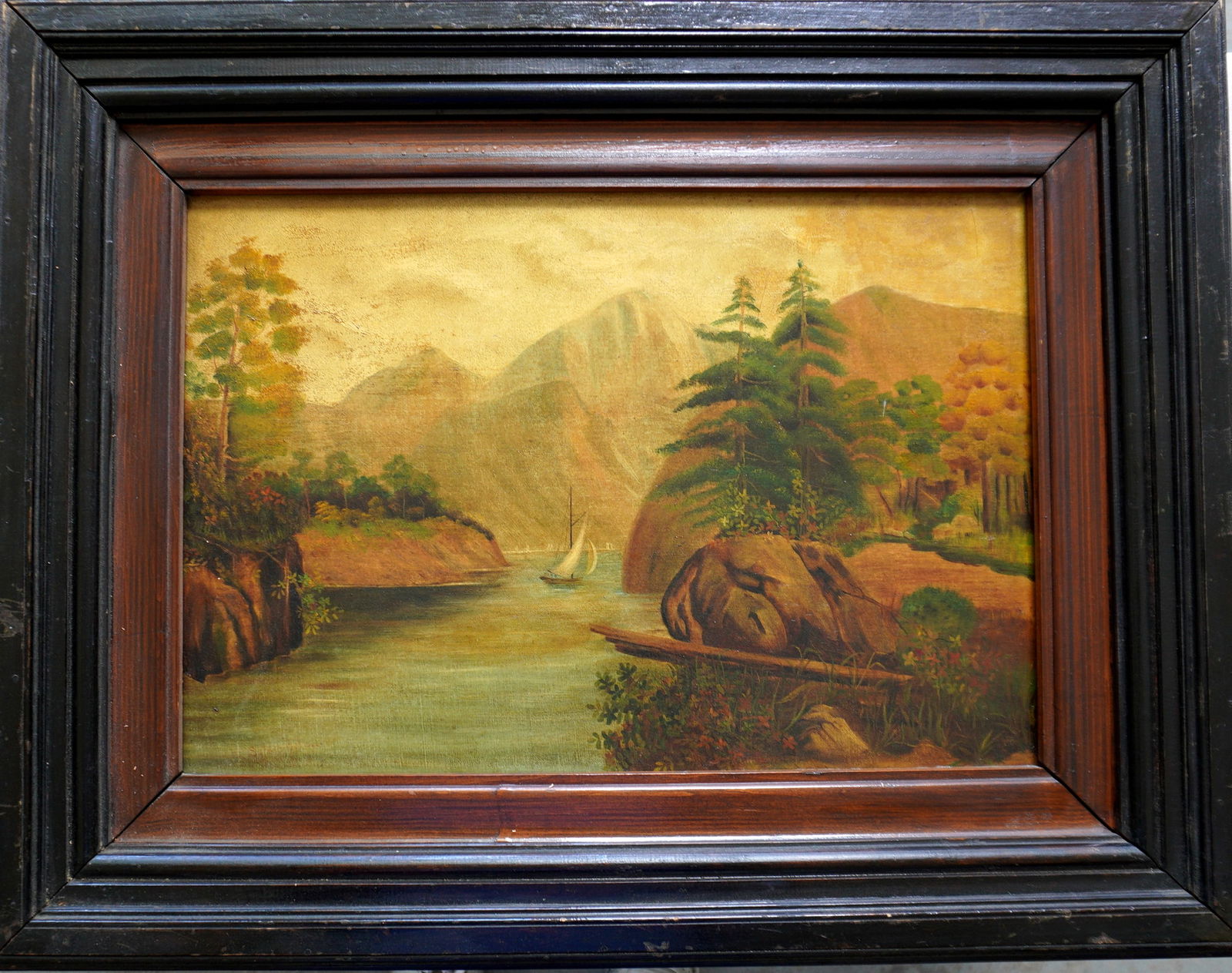 O/C Country landscape depicting sailboat in river with steep mountains in background and evergreens (1 of 4)