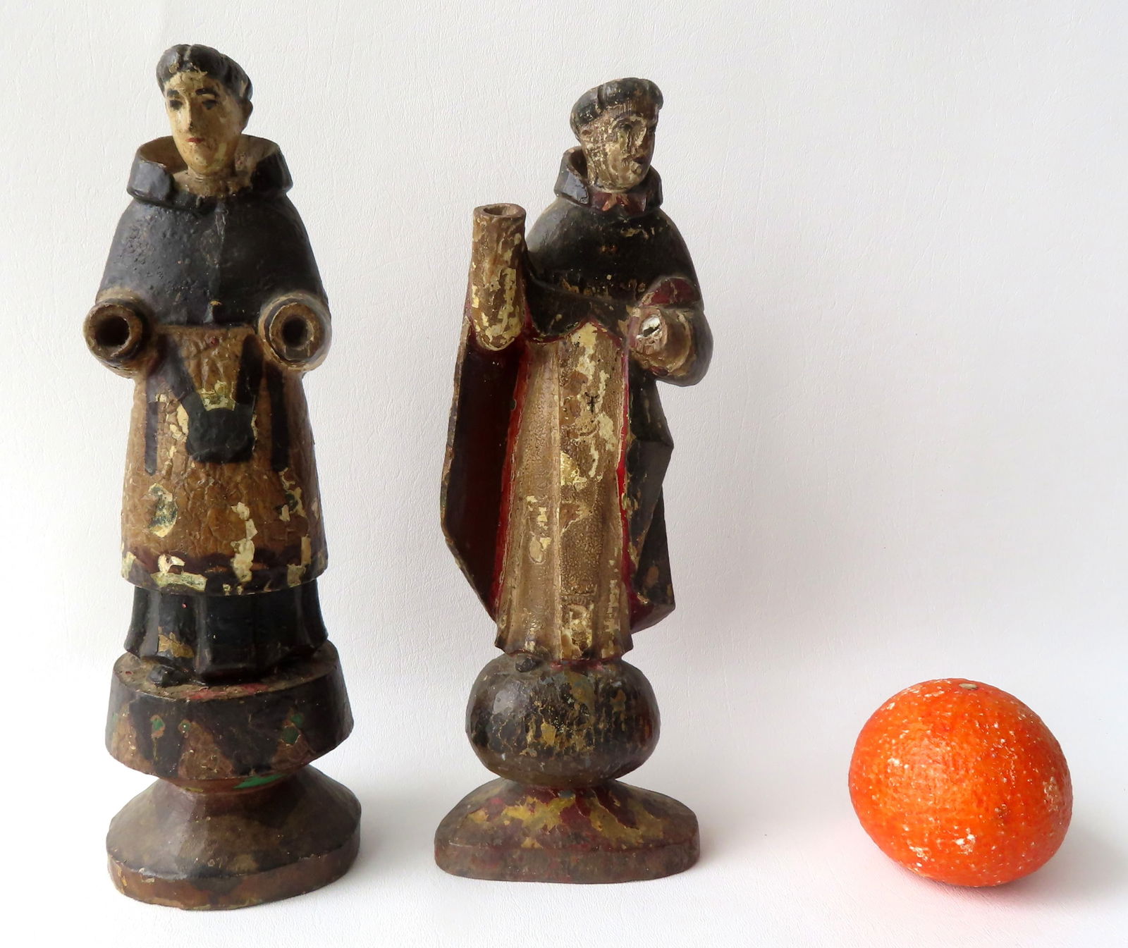Two carved wooden Santos sculptures of Franciscan monks in original paint, probably Italian 18th (1 of 8)
