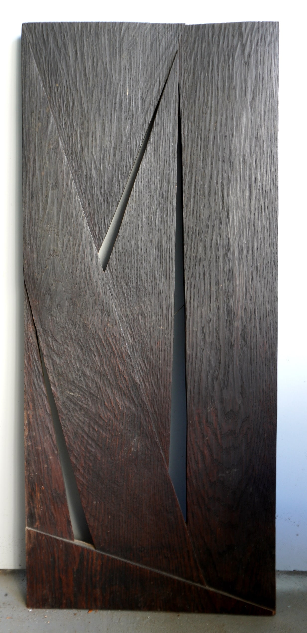 A mid-century modern carved oak wall hanging panel, with unknown monogram and dated 7/62. Very good (1 of 4)