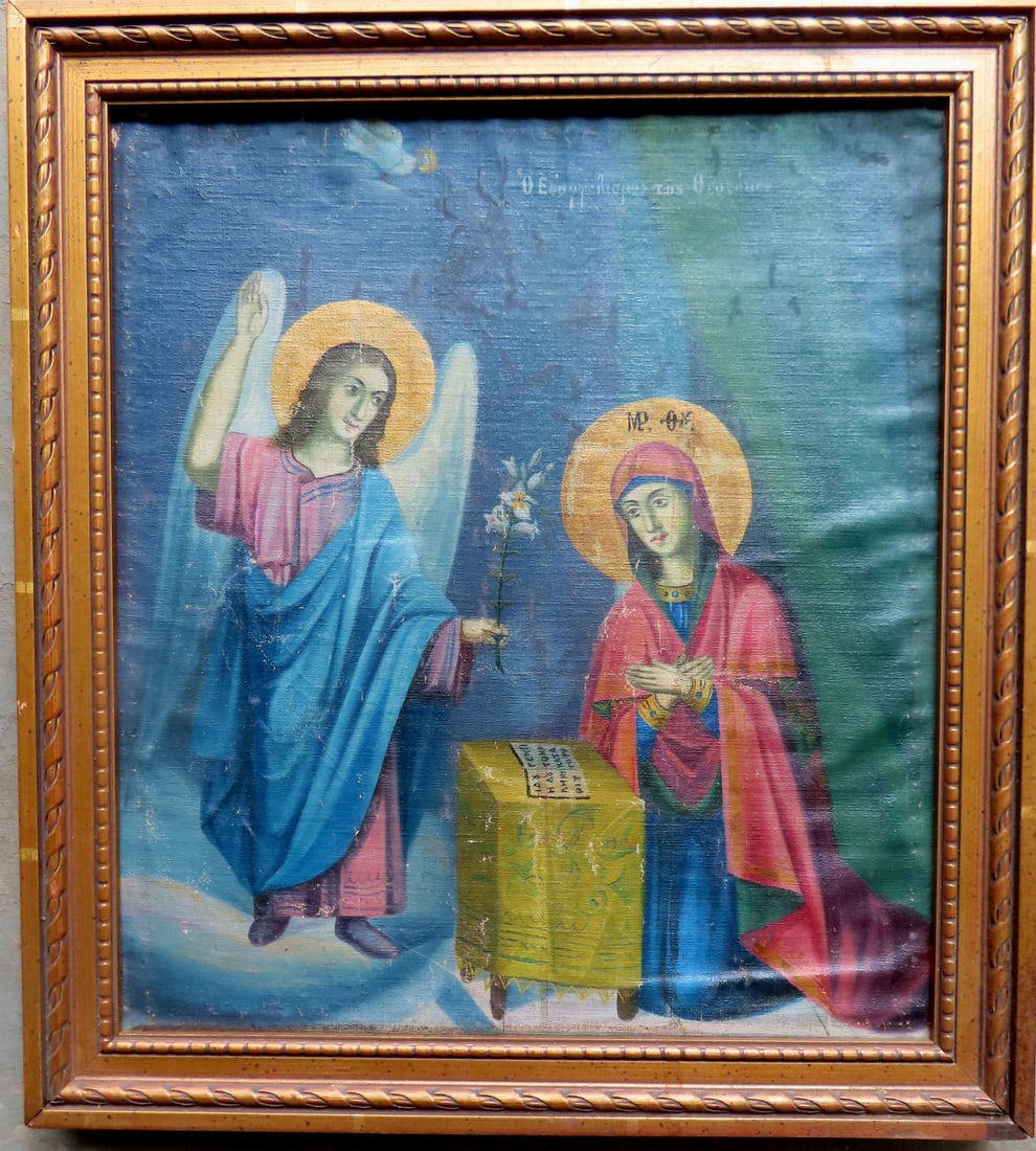 O/C Greek Orthodox depiction of the Annunciation showing the Angel Gabriel appearing before Mary.: O/C Greek Orthodox depiction of the Annunciation showing the Angel Gabriel appearing before Mary. Housed in a newer frame, the painting relined and with some creases. Total frame size 17 3/4" x 19 1/2