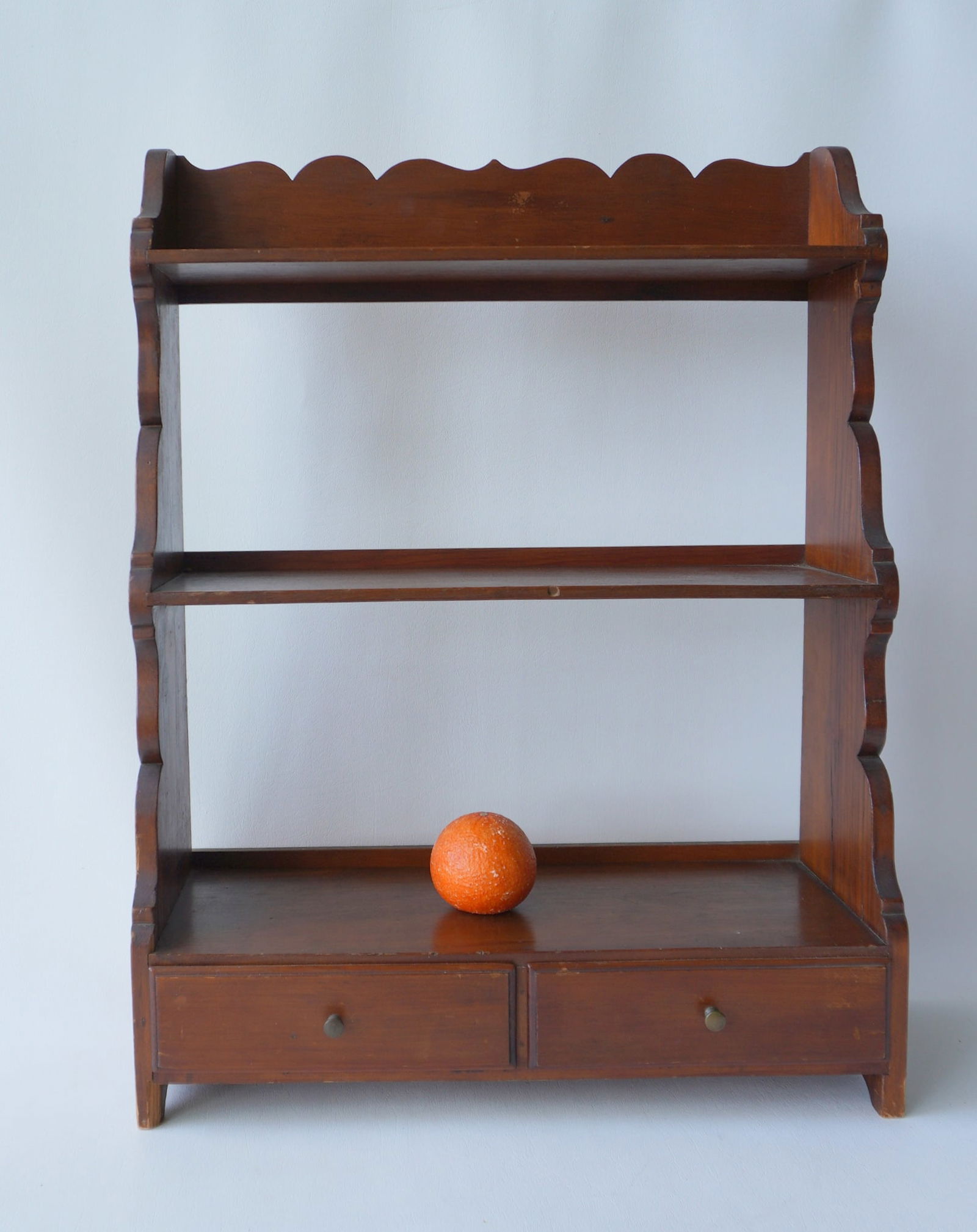 A good country wall shelf with shaped sides, scalloped backsplash and 2 lower hand dovetailed and (1 of 5)