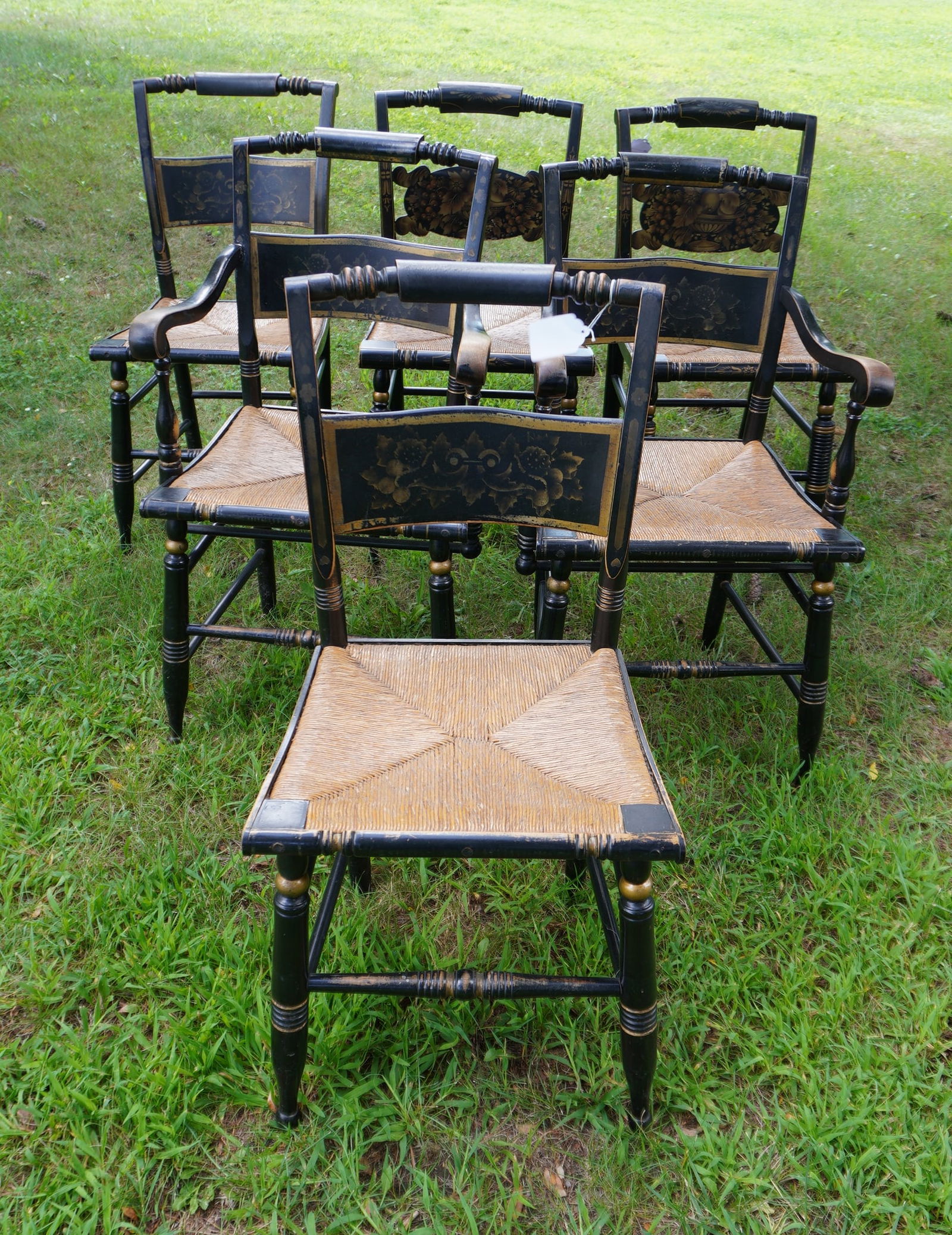 Set of 6 assembled Hitchcock style chairs with rush seats, including 2 arm chairs and 4 side chairs. (1 of 9)