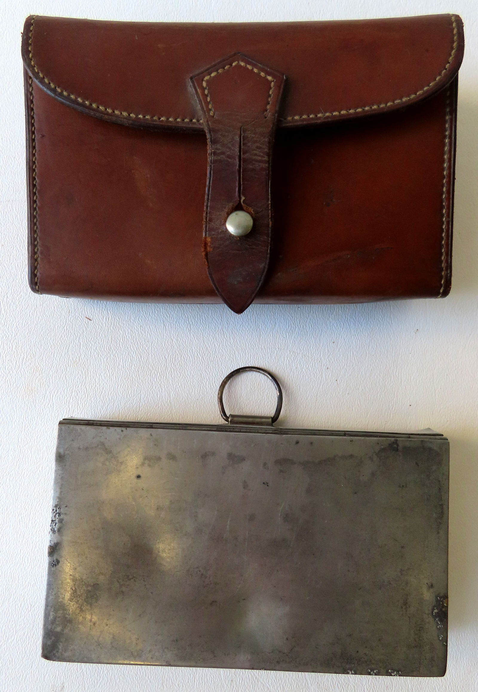 Two English silver sandwich boxes with leather pouches for attaching to belt. Both signed James (1 of 8)