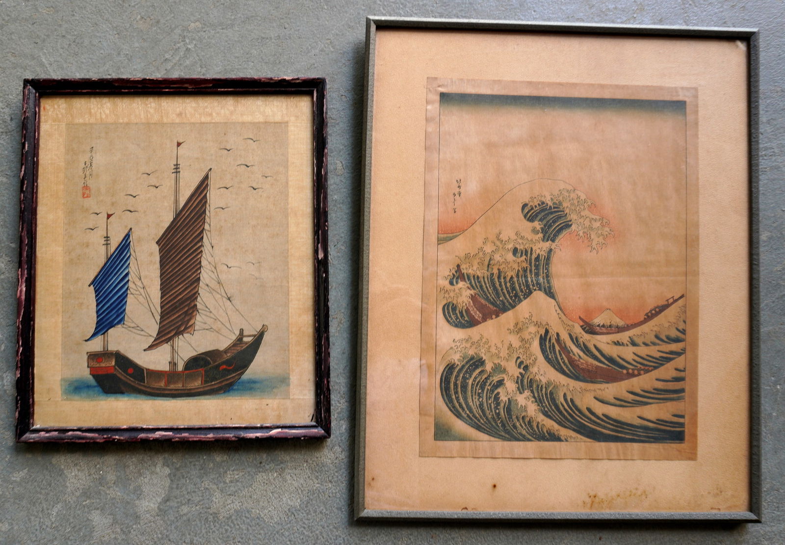 Hokusai Katsushika woodblock print "The Great Wave", 19th century - applied to backing board and (1 of 9)