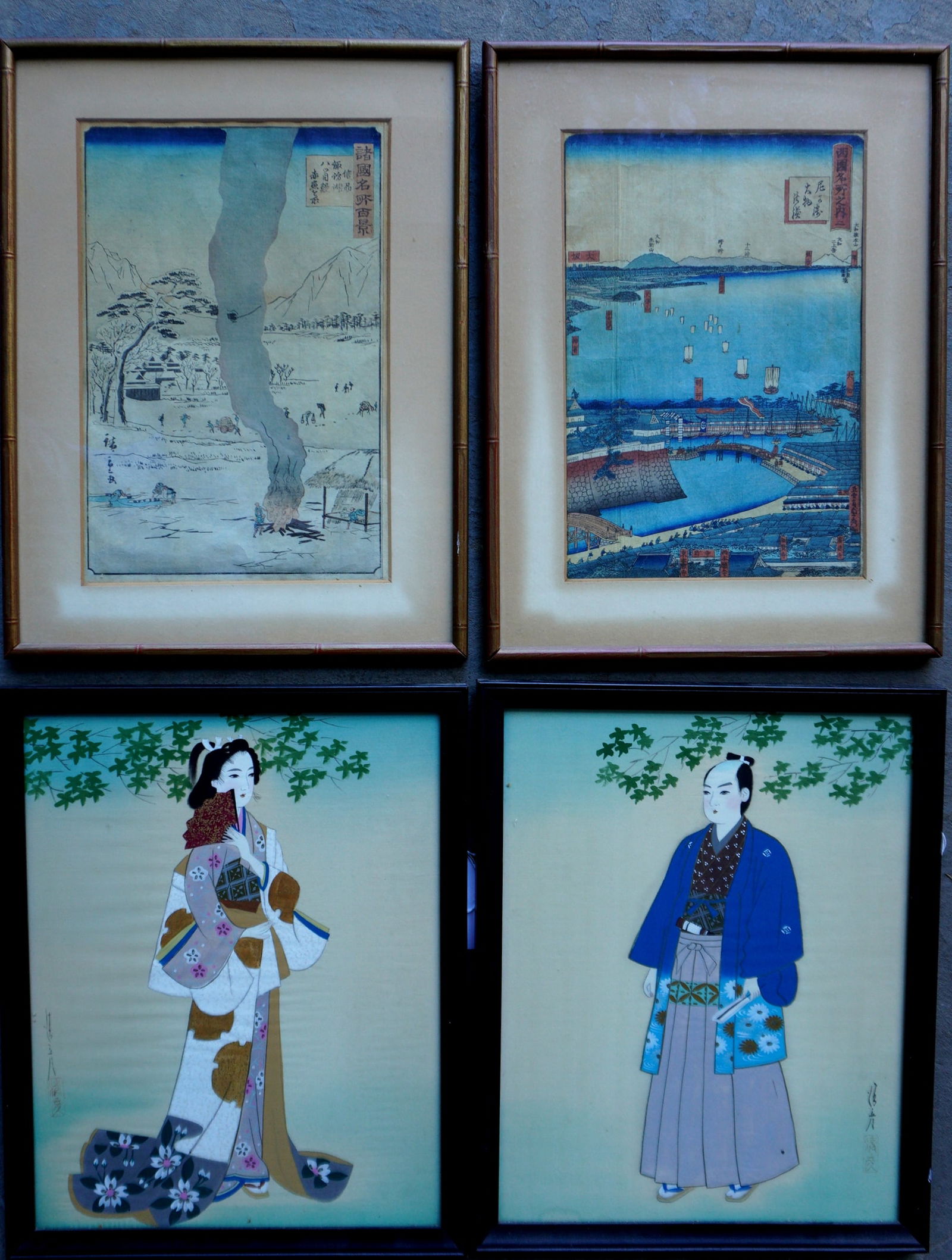 Four oriental signed artworks including 2 woodblock prints and 2 portrait paintings on silk or (1 of 5)