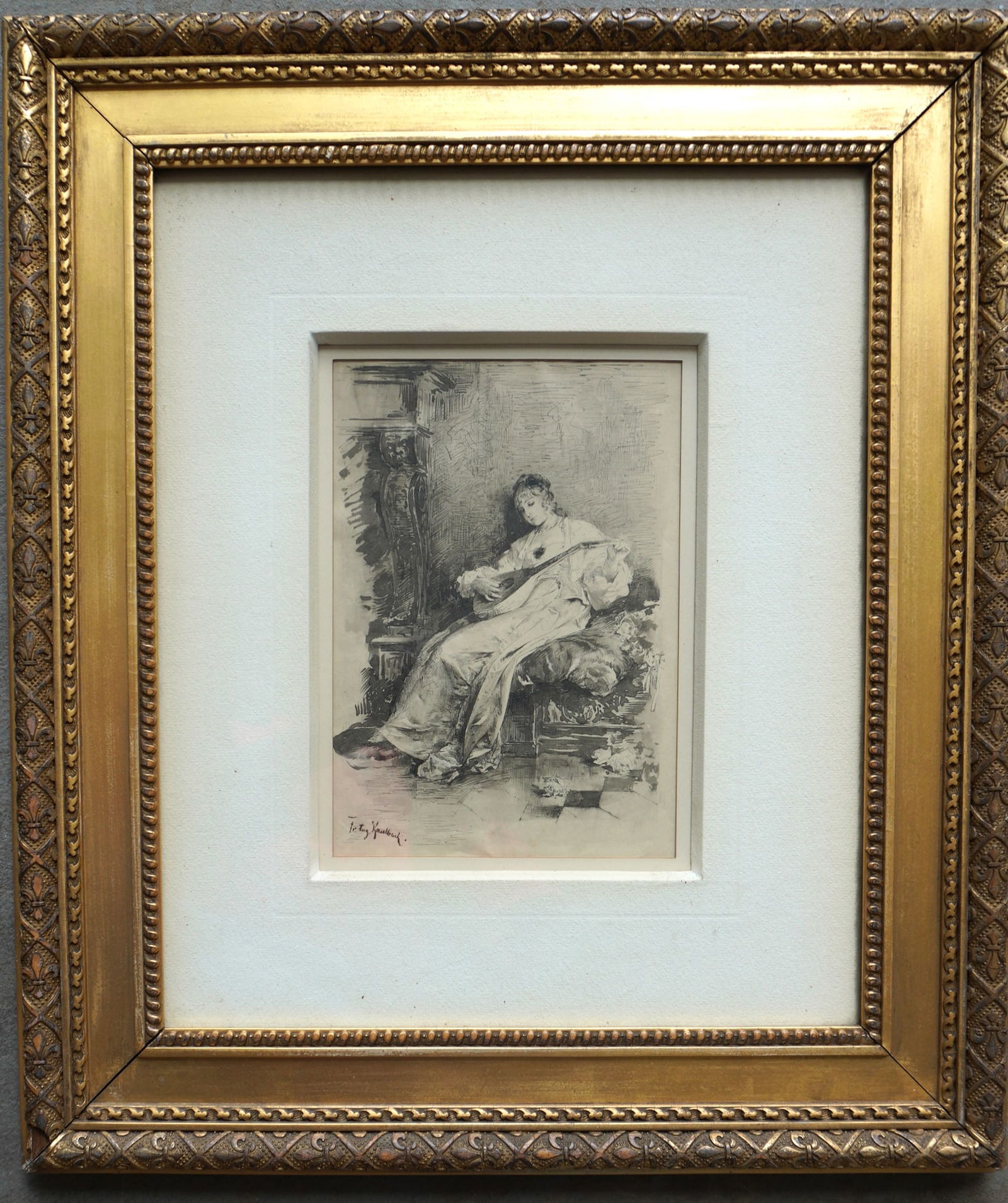 Friedrich August Von Kaulbach, Germany 1850-1920. W/C Portrait of lady playing a lute seated on a (1 of 6)