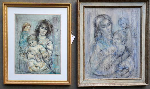 Edna (Hibel) Plotkin 1917-2015, active in Mass. & Florida - known for mother and child figure: Edna (Hibel) Plotkin 1917-2015, active in Mass. & Florida - known for mother and child figure paintings and lithographs. The first, a painting an a textured board depicting mother holding baby with a
