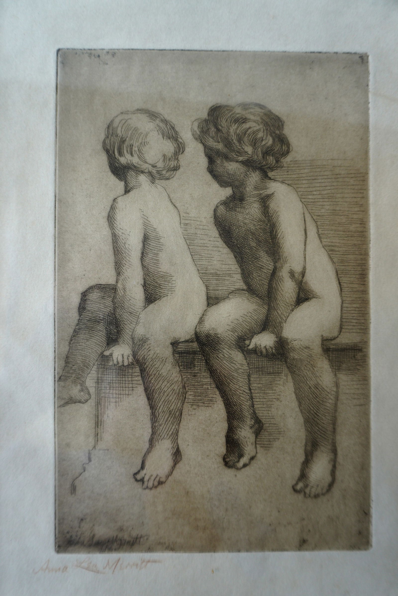 Anna  Massey W. Lea  Merritt,  American, 1844-1930. Etching of 2 children sitting on bench, pencil (1 of 4)