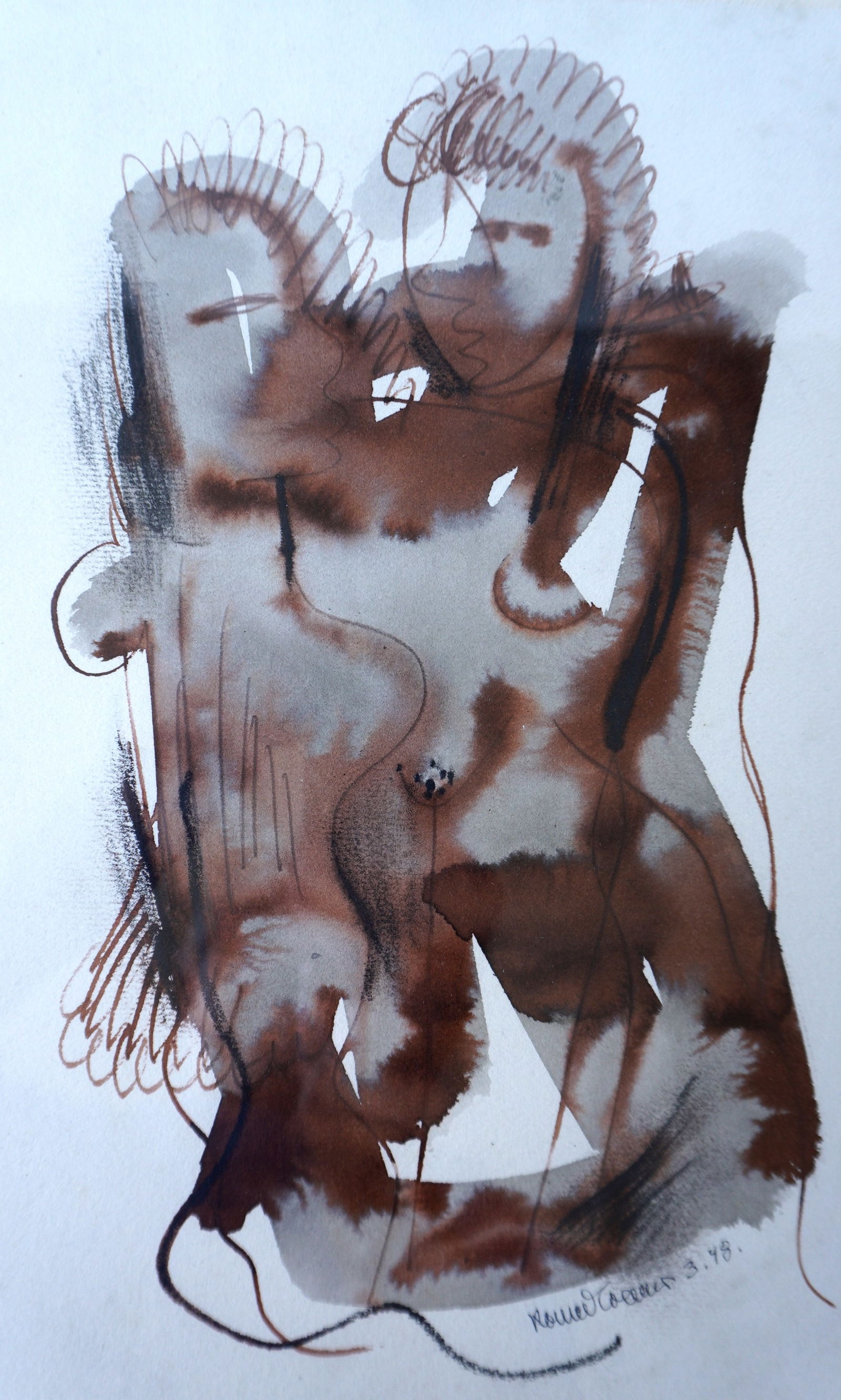 Konrad Cramer, Woodstock NY 1888-1963. W/C Abstract figures signed Konrad Cramer 3-'48. Very good: Konrad Cramer, Woodstock NY 1888-1963. W/C Abstract figures signed Konrad Cramer 3-'48. Very good condition. Total frame size 13 1/2" x 17 1/2.