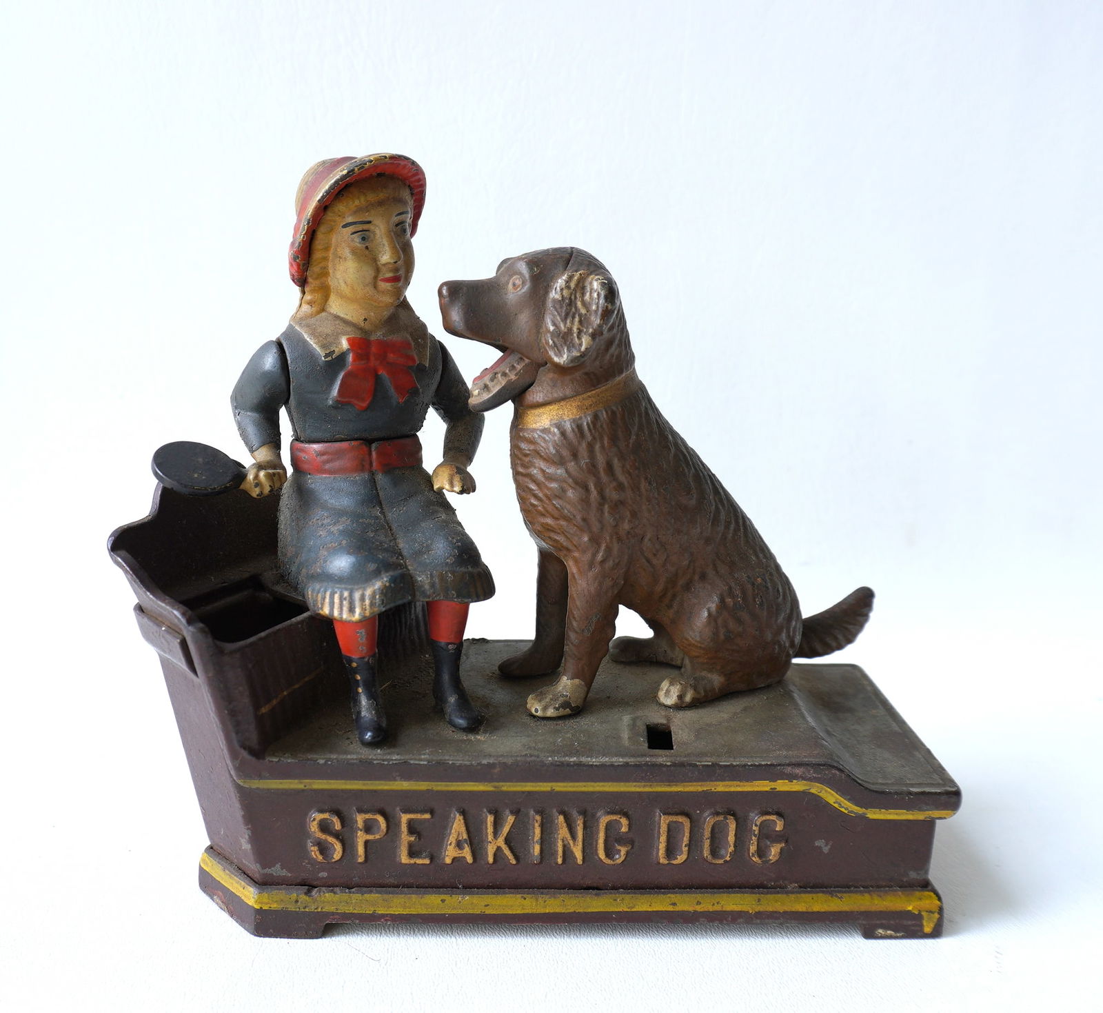 An original "Speaking Dog" 19th century cast iron mechanical bank in original paint, with impressed (1 of 9)