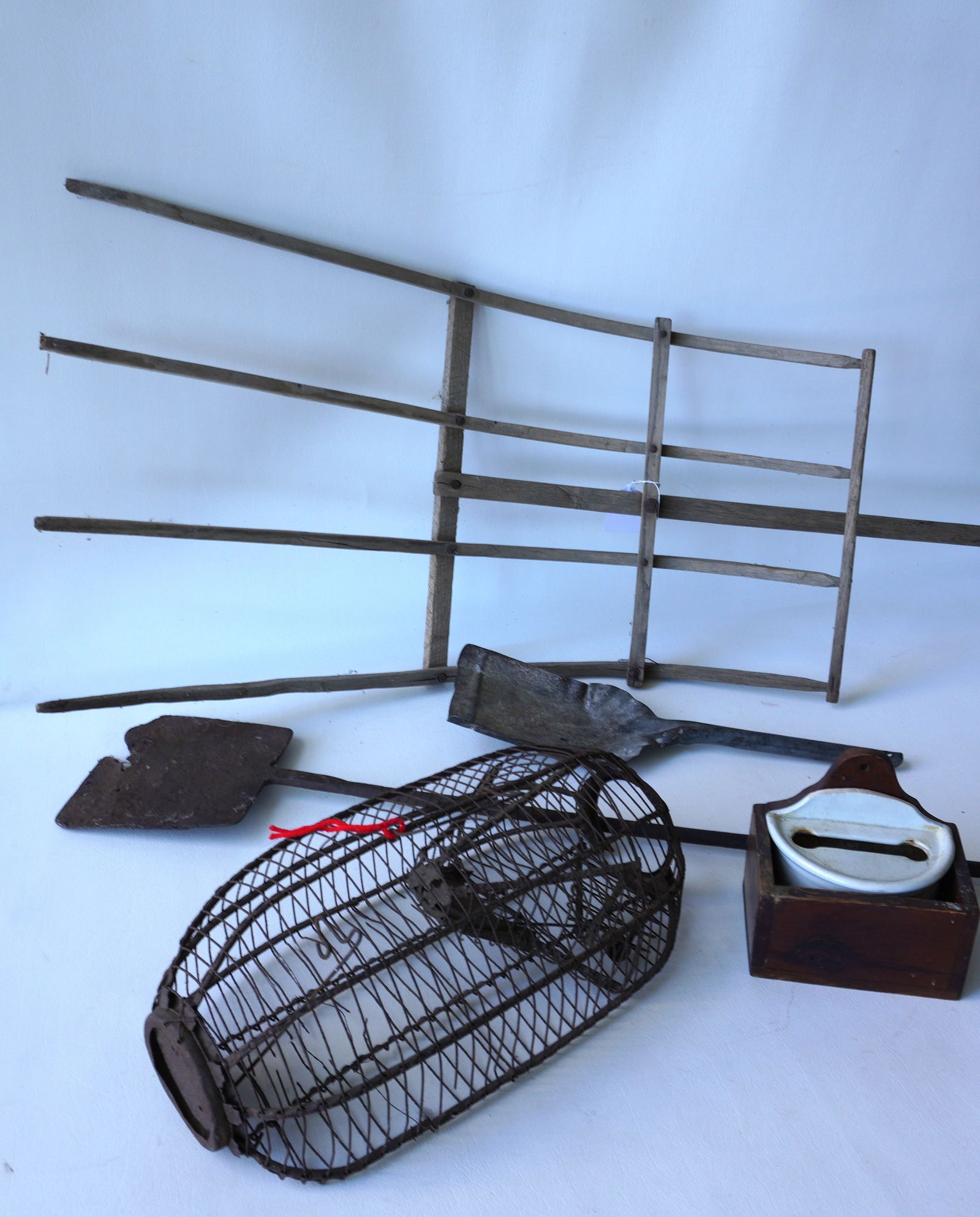 Grouping of country items including wooden hayfork - good condition; hand forged iron peel - 19th (1 of 7)