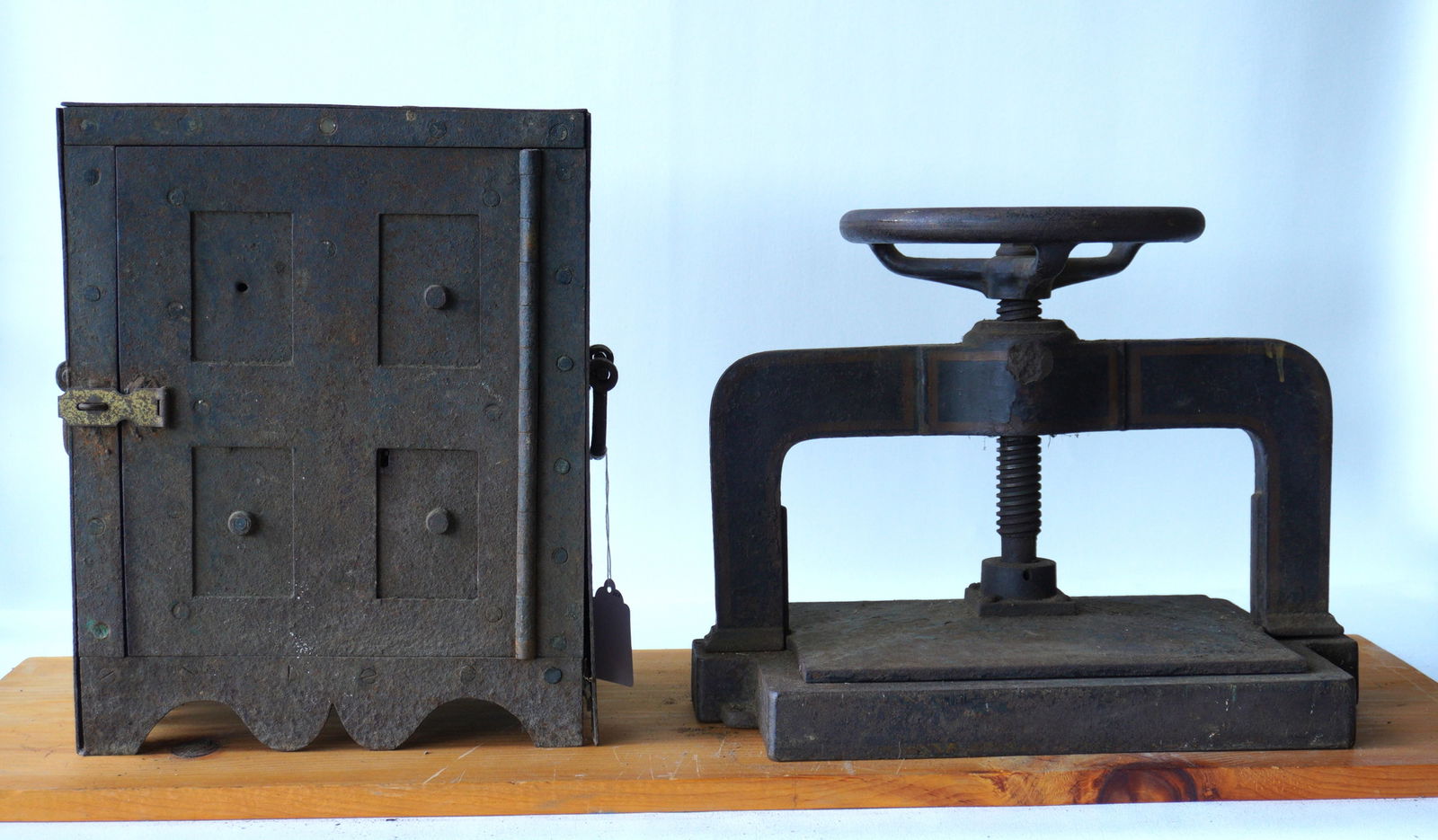 A cast iron book press, late 19th century, traces of original stenciling, some surface rust, but (1 of 8)