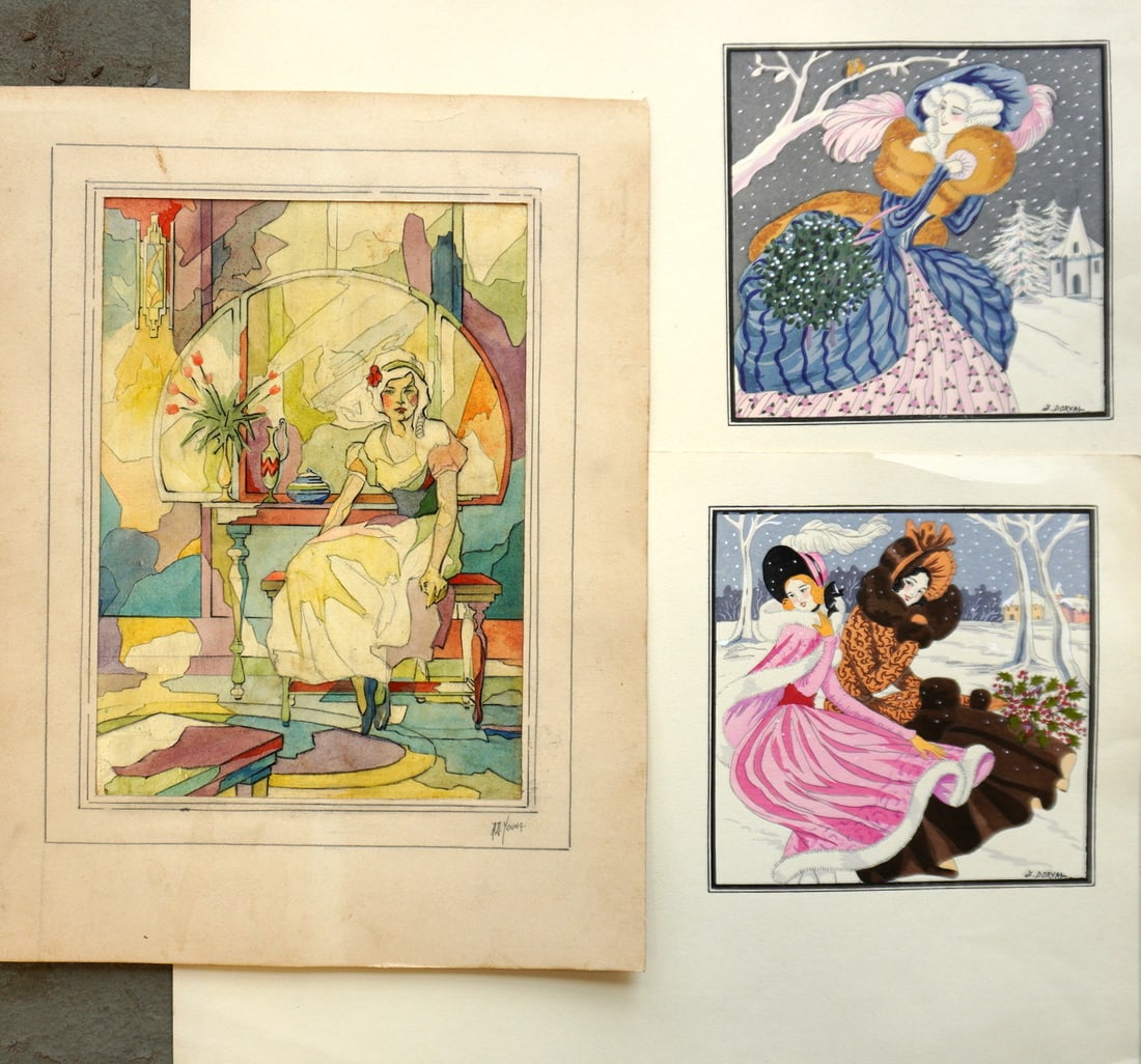 Three unframed portraits of Art Deco ladies including: Two colorful French watercolors signed J. (1 of 6)