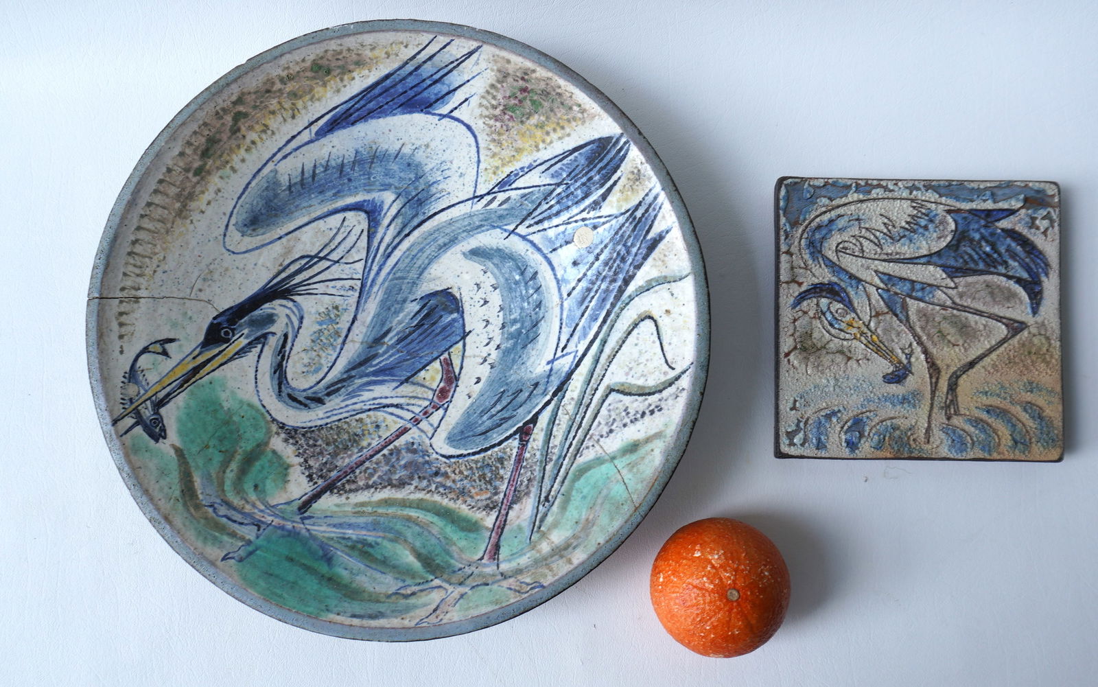Walter Addison, New York, 1914-1982. Two hand painted clay objects decorated with a Blue Heron with (1 of 5)