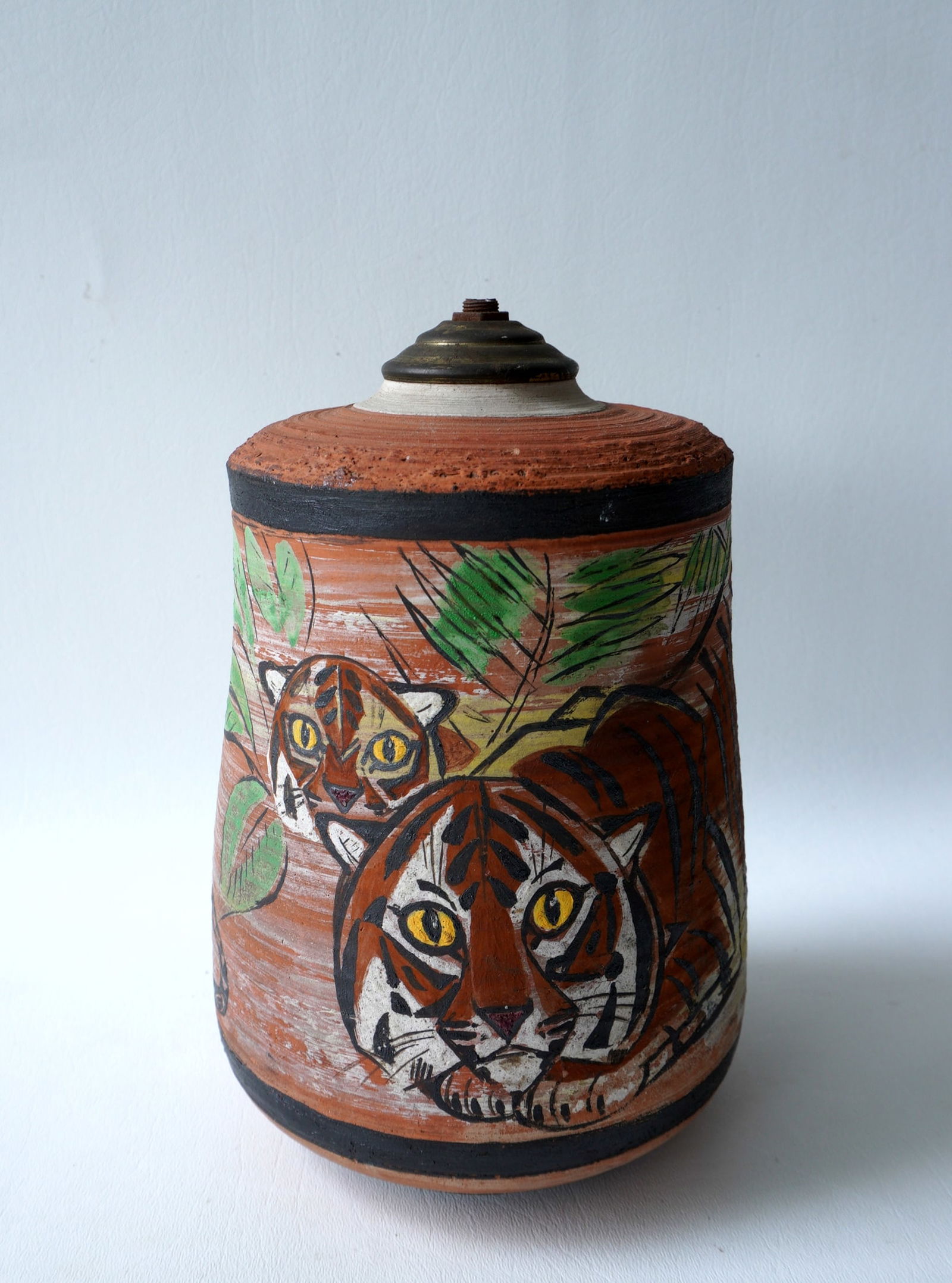 Walter Addison, New York, 1914-1982. A hand painted terra cotta lamp base decorated with tigers (1 of 5)