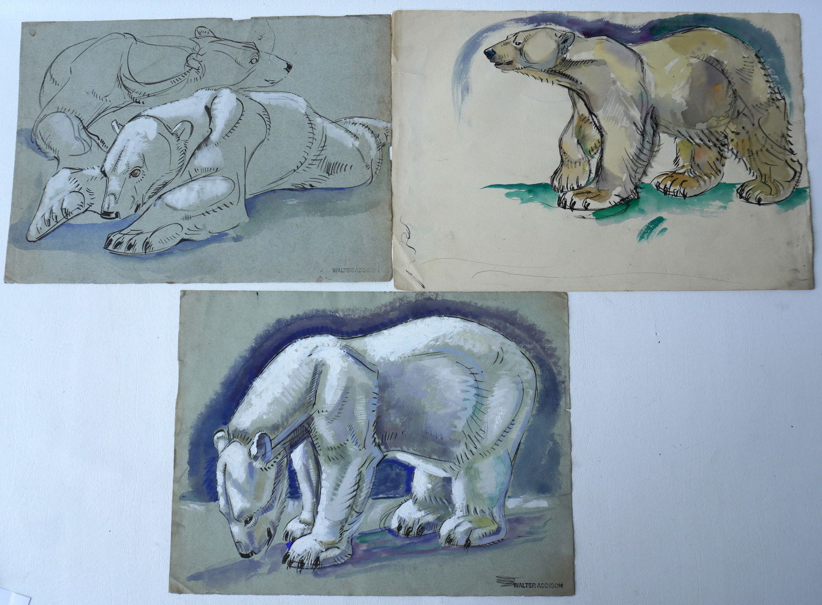 Walter Addison, New York, 1914-1982. Three Polar Bear watercolors, 2 with Walter Addison stamp on (1 of 5)