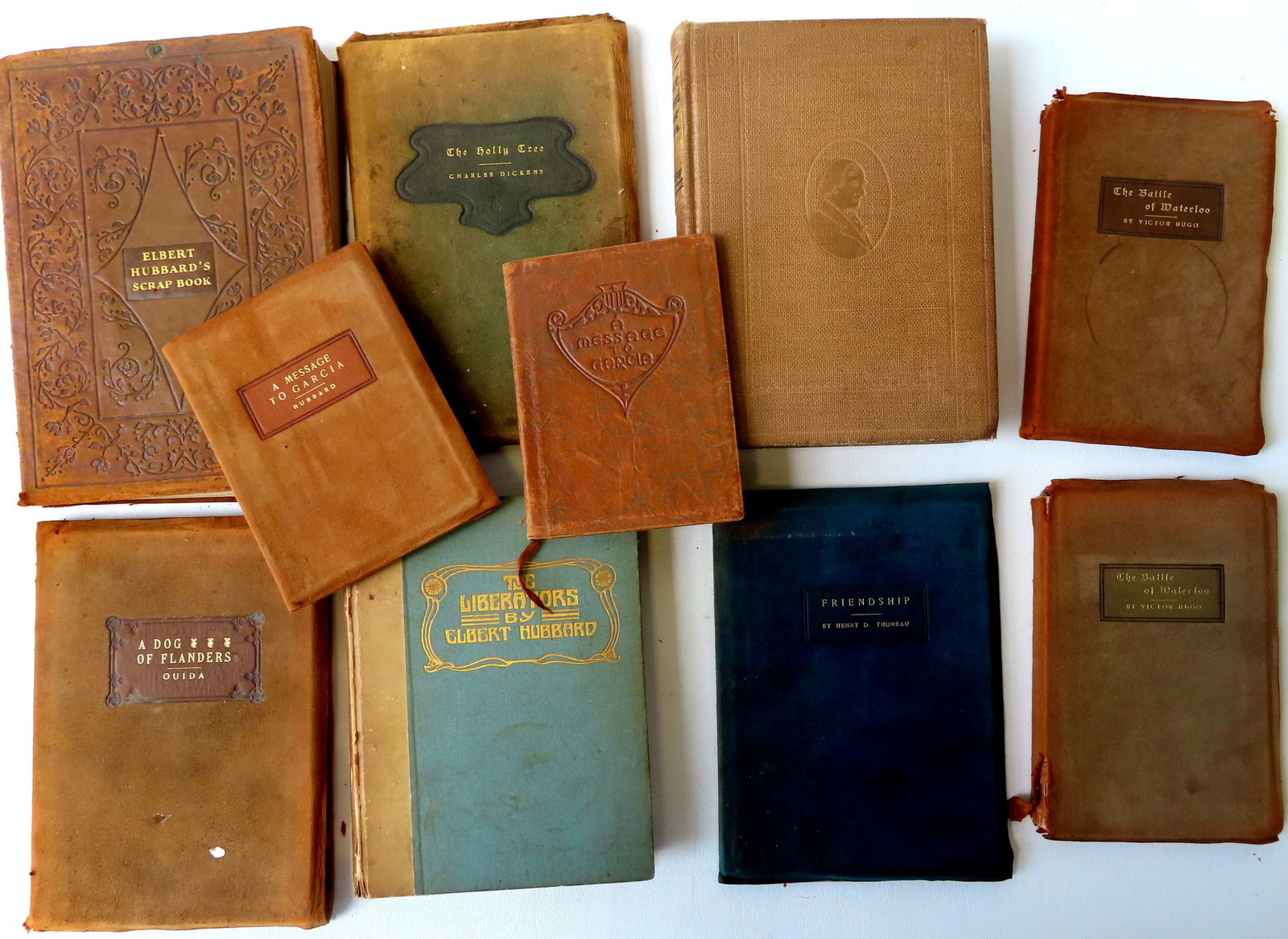 Grouping of 10 Elbert Hubbard and Roycroft related books, most printed by the Roycrofters,: Grouping of 10 Elbert Hubbard and Roycroft related books, most printed by the Roycrofters, including: "The Holly Tree" by Charles Dickens, copyright 1903 by E. Hubbard - good condition; "Elbert Hubbar