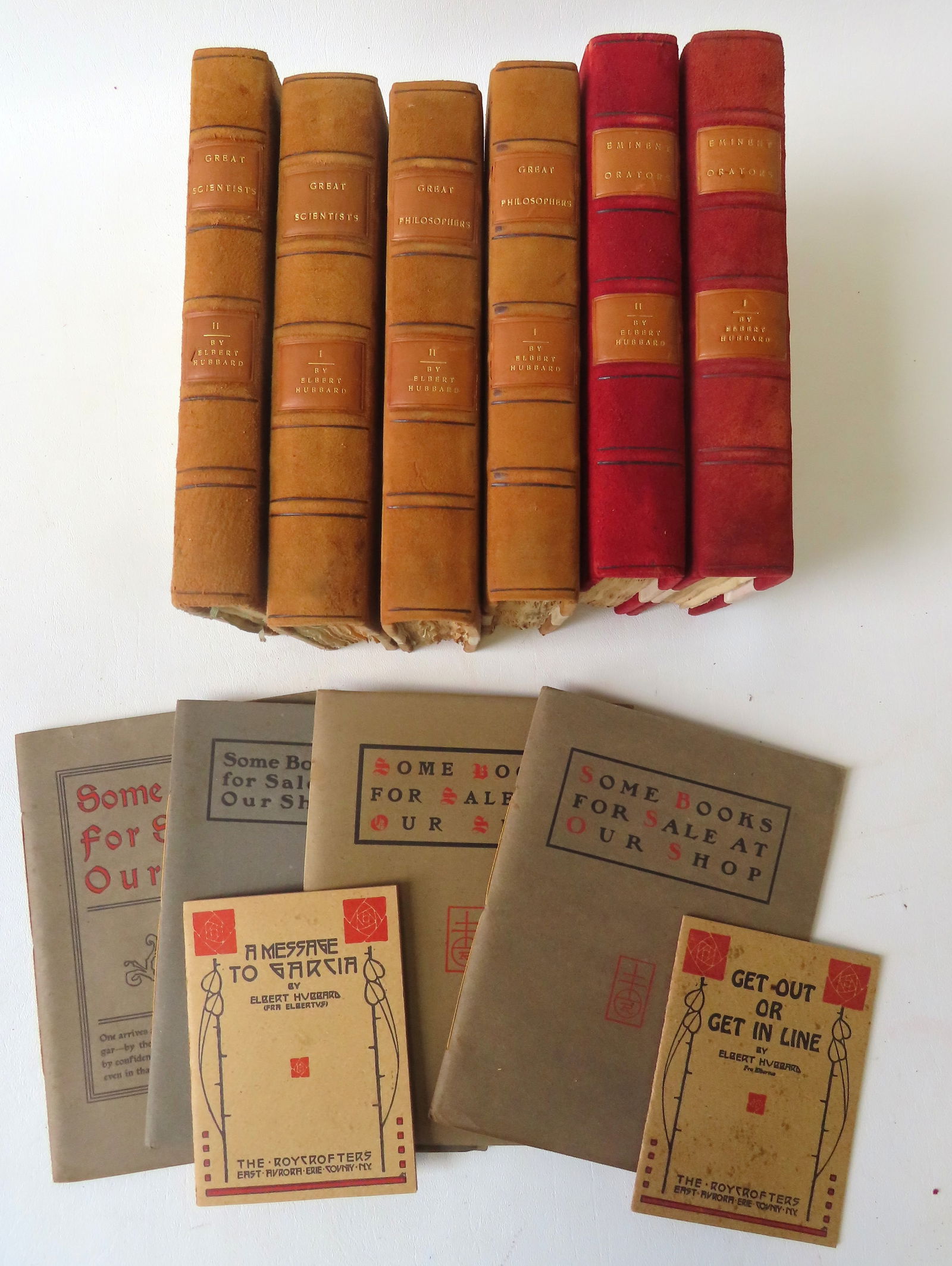Grouping of 6 Roycroft leather bound books and 6 Roycroft pamphlets. Books included 2 titled "Little (1 of 17)