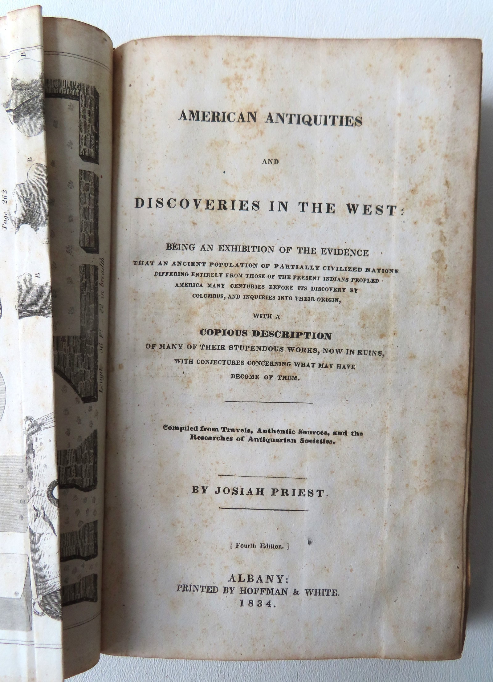 "American Antiquities and Discoveries In The West" by Josiah Priest, fourth edition, published in: "American Antiquities and Discoveries In The West" by Josiah Priest, fourth edition, published in Albany 1834. Complete with 2 fold-out engravings. Some use wear to original leather binding, scattered
