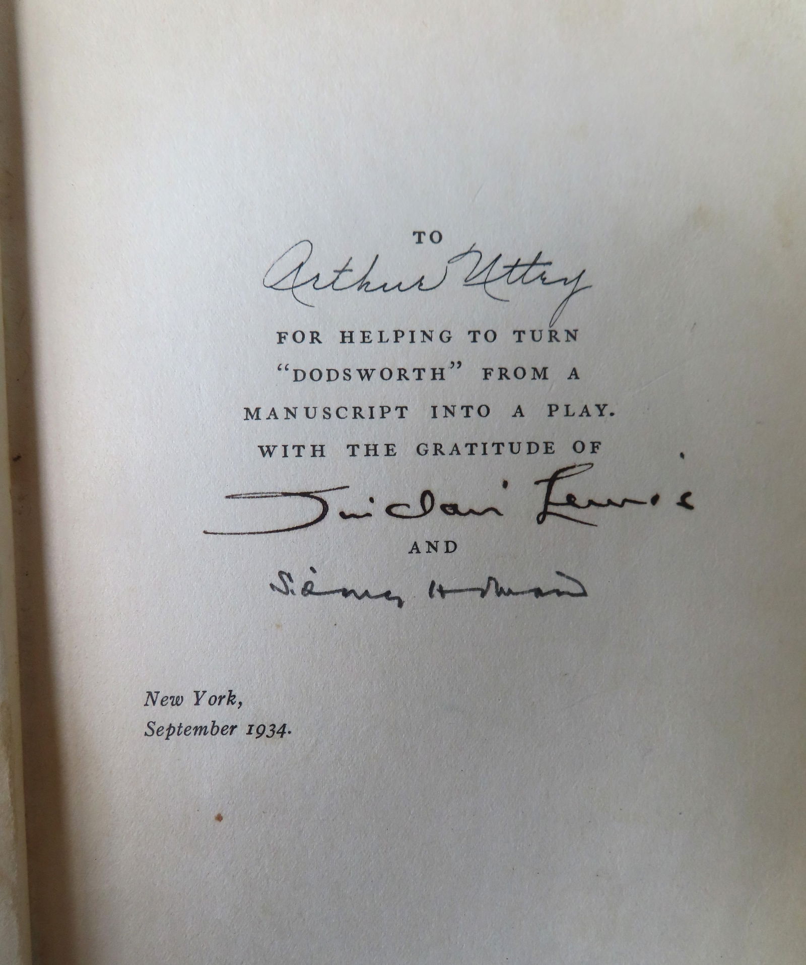 Important book titled "Dodsworth", autographed and presentation copy, by Sinclair Lewis, inscribed (1 of 7)
