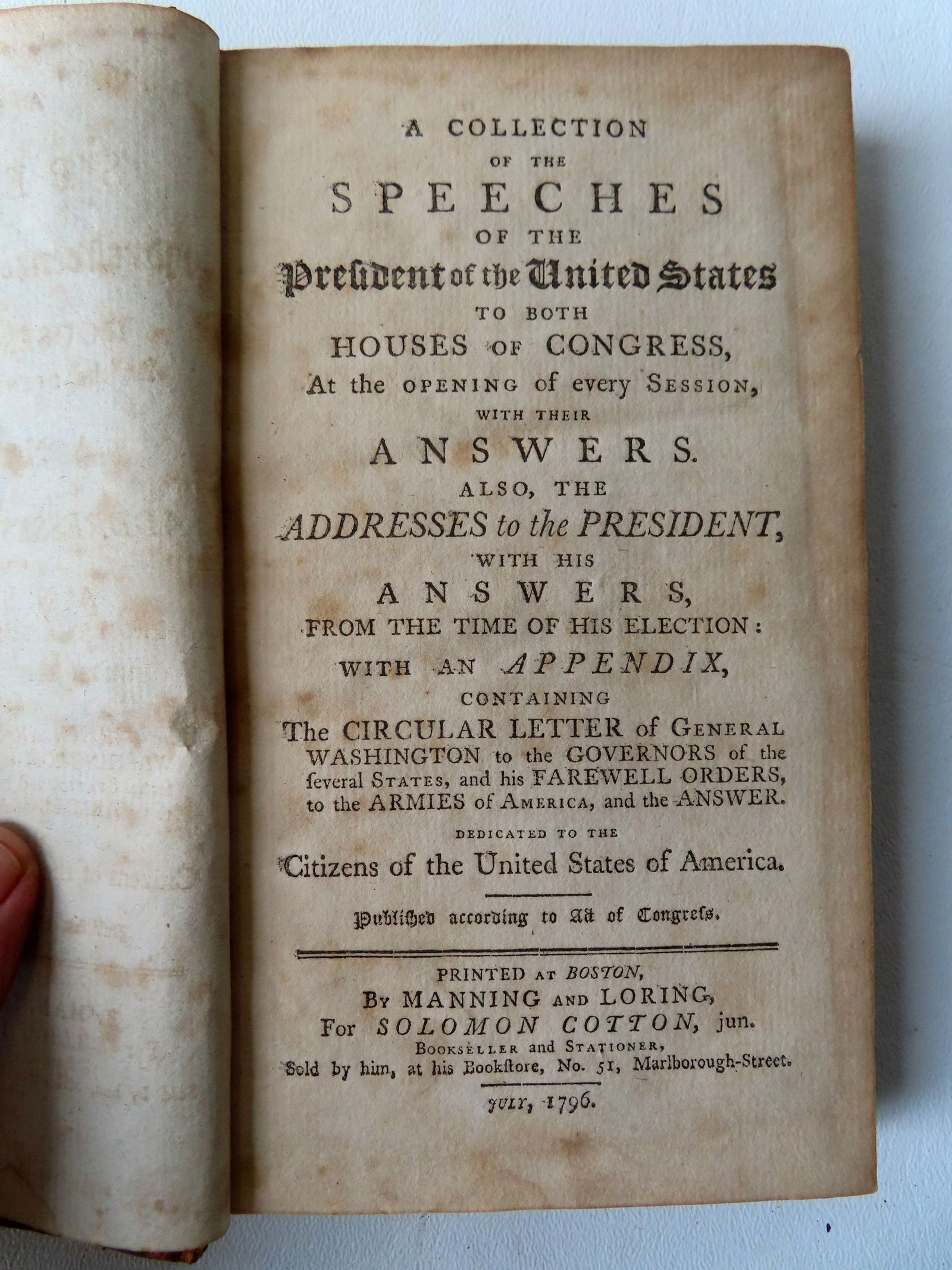 Rare first edition of President George Washington's speeches, dated 1796, titled "A Collection of (1 of 13)