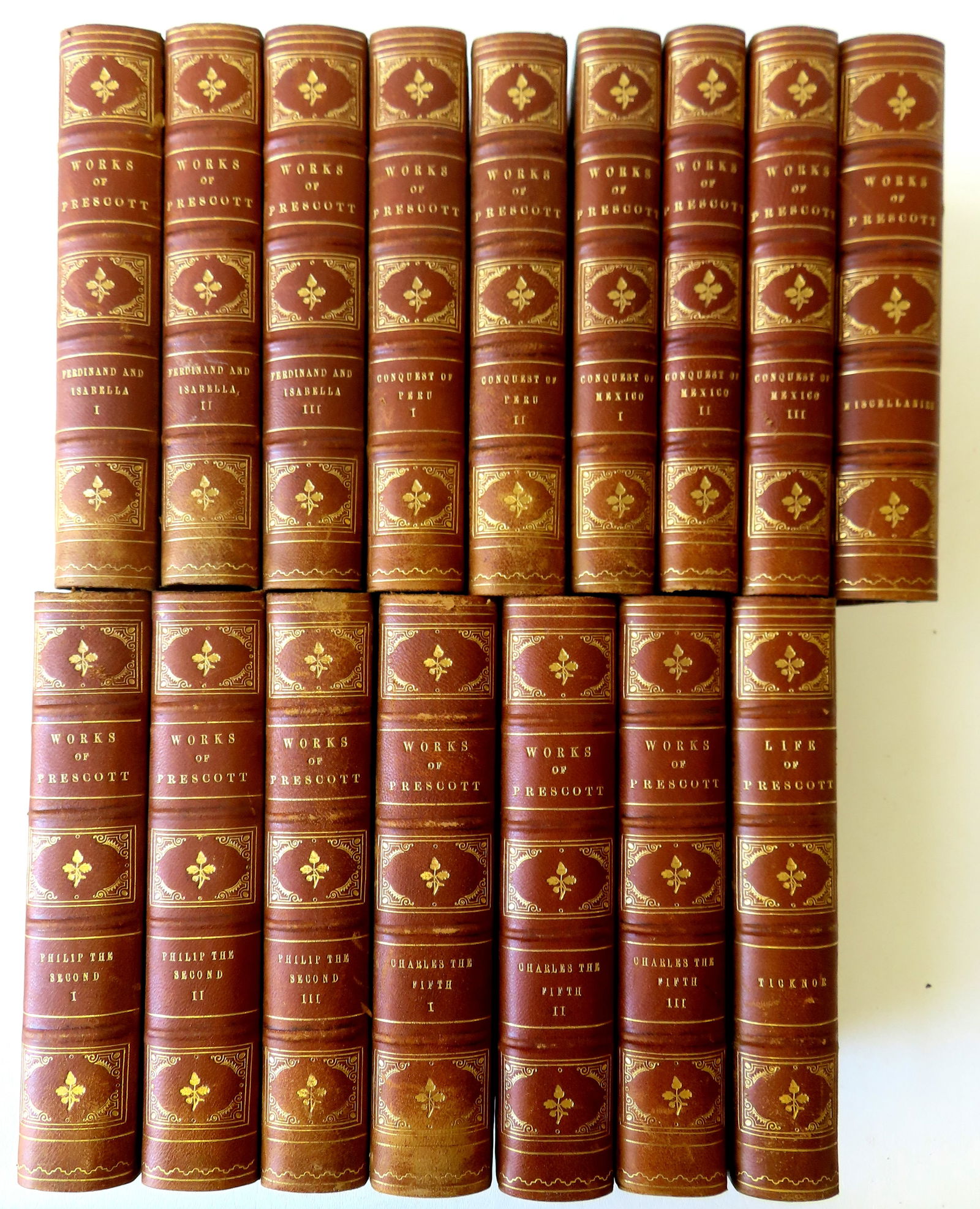 "Works of Prescott" in 15 volumes. Includes: Conquest of Mexico, 3 volumes, published in 1844;: "Works of Prescott" in 15 volumes. Includes: Conquest of Mexico, 3 volumes, published in 1844; Conquest of Peru, 2 volumes, published in 1848; History of The Reign Of Philip The Second, King of Spain,
