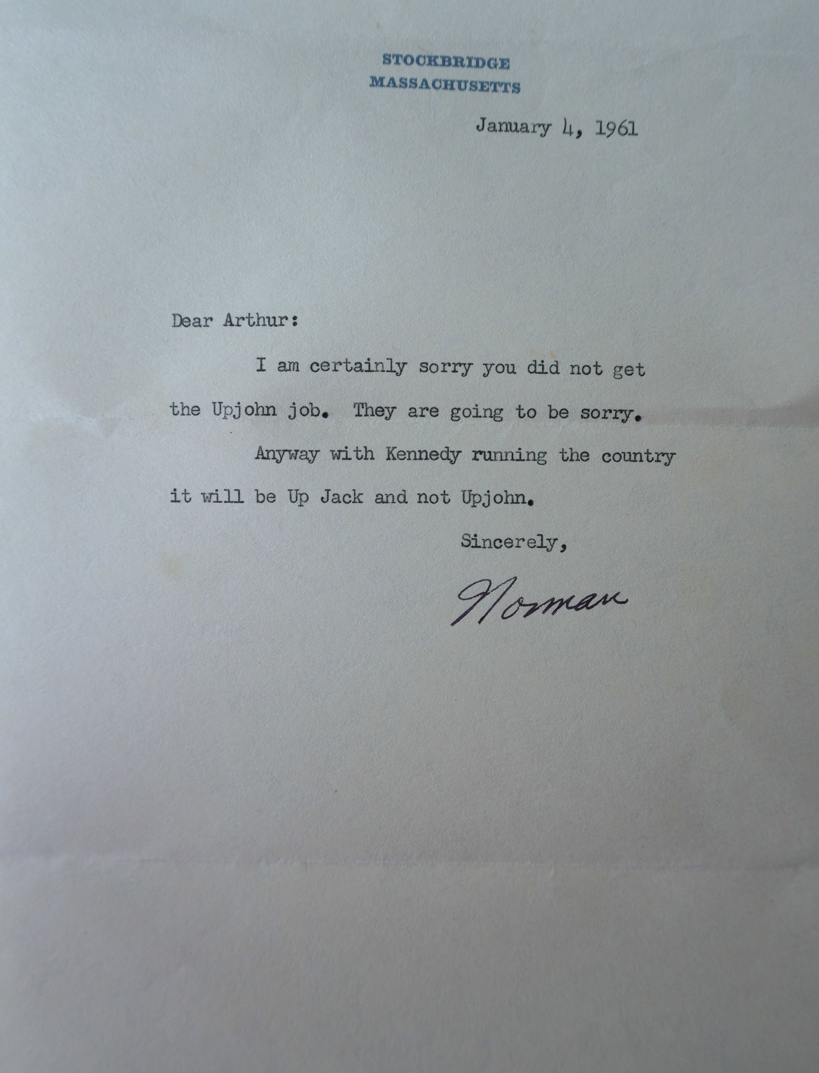 Autographed letter signed "Norman" (Rockwell) addressed to "Arthur" Sudler (as publisher) referring (1 of 1)