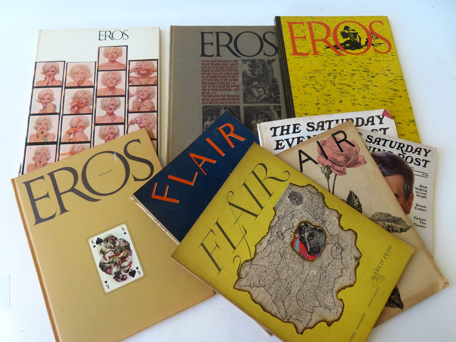 Eros, Flair and Saturday Evening Post magazines. Includes Eros No. 1 through 4 (Marilyn Monroe cover (1 of 9)