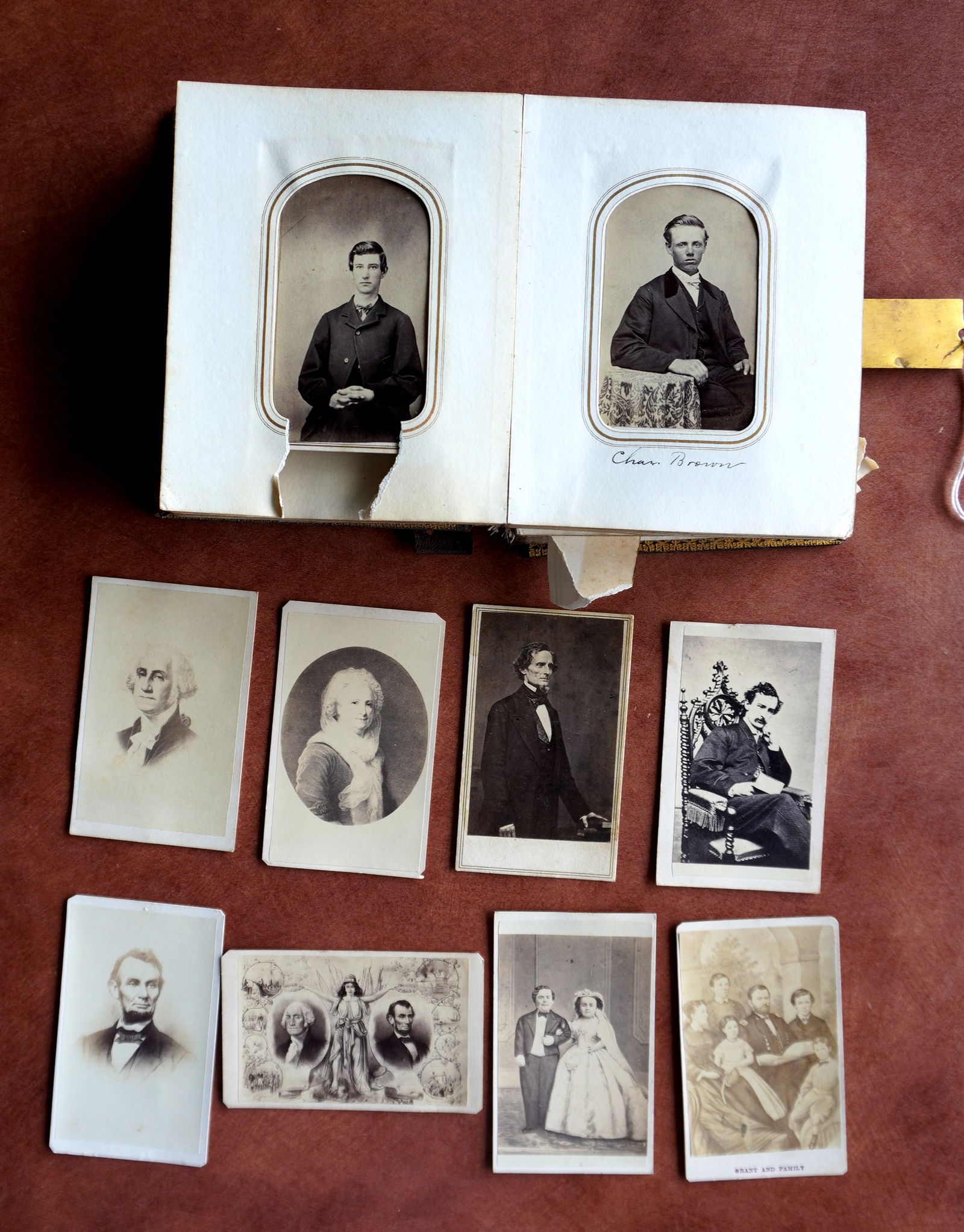 A CDV photo album. Notable images include: Jefferson Davis photo by E & H.T. Anthony - NY - from (1 of 17)