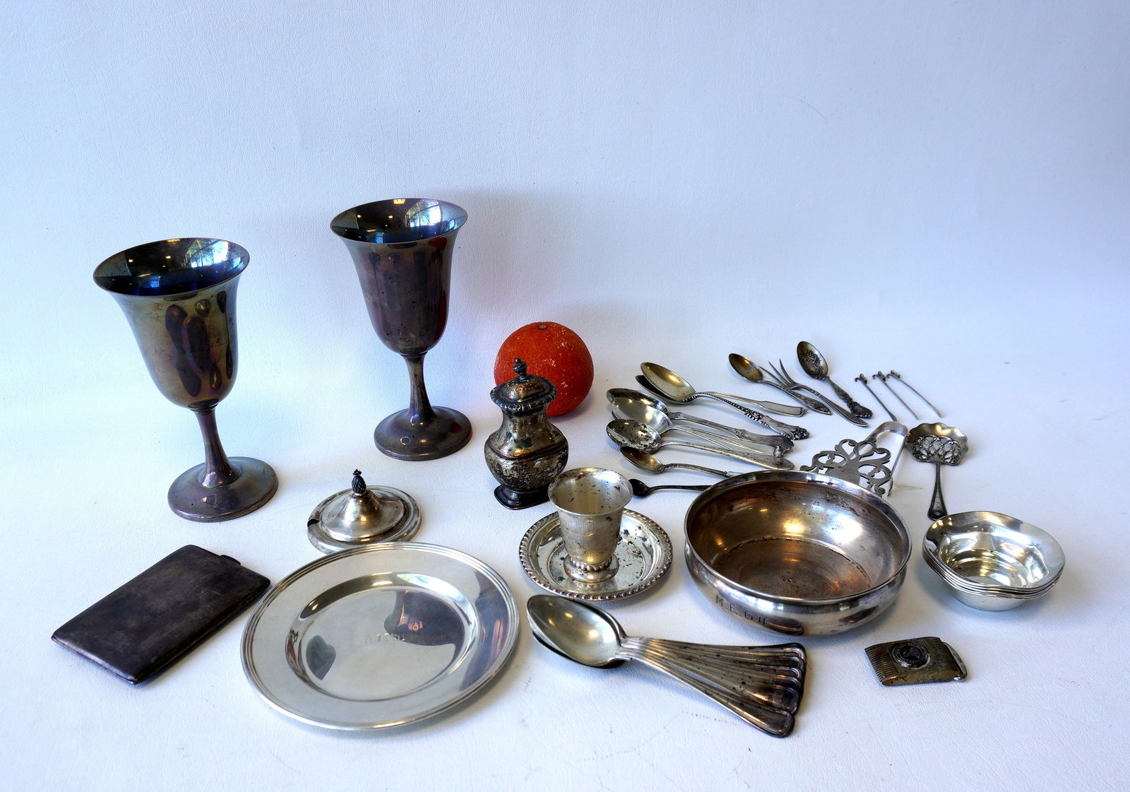 Grouping of Sterling Silver articles including flatware, 2 cups, nut dishes, porringer, etc. (1 of 6)