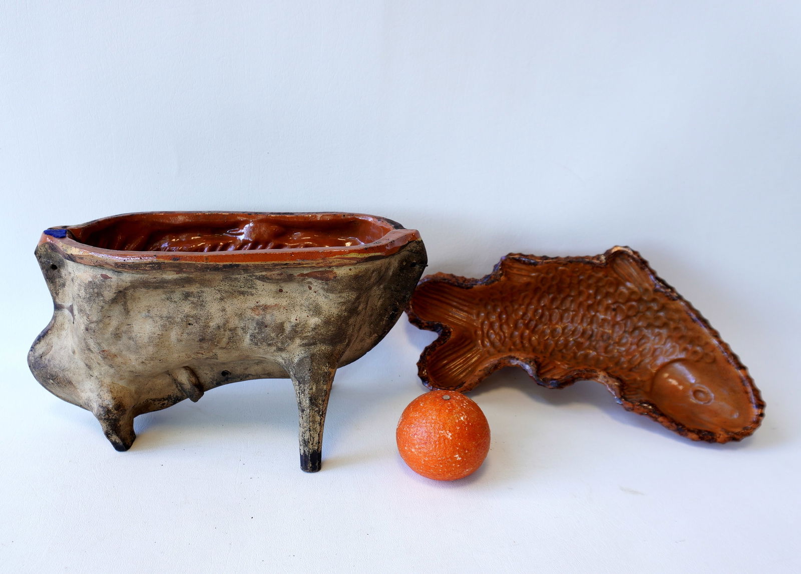Two figural redware molds including fish and resting lamb, 19th century. (1 of 7)