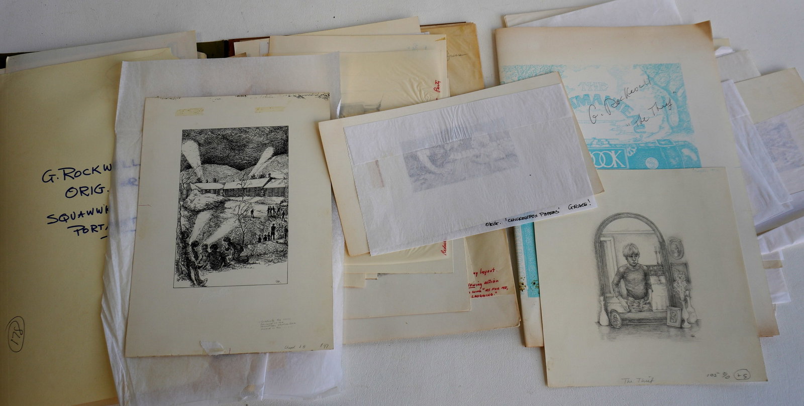 Large grouping of mostly illustrations for children's books by Gail Rockwell.: Large grouping of mostly illustrations for children's books by Gail Rockwell. Includes children's books written by her husband Tom Rockwell - "The Thief", "Portmanteau", and "Squawwwk". One illustrati