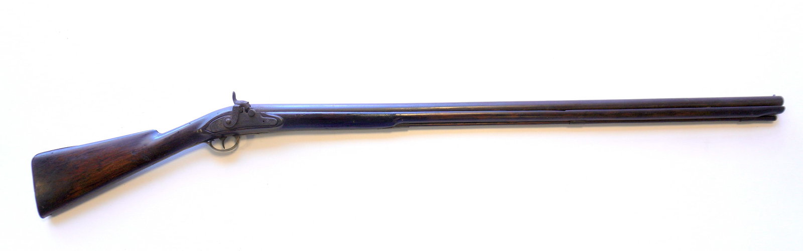 Dutchess County NY percussion single barrel shotgun signed "J. Bishop Warranted" (Bishop was from: Dutchess County NY percussion single barrel shotgun signed "J. Bishop Warranted" (Bishop was from Eastern Pennsylvania, gun-lock maker after 1775) on engraved lock plate and having a full walnut stock