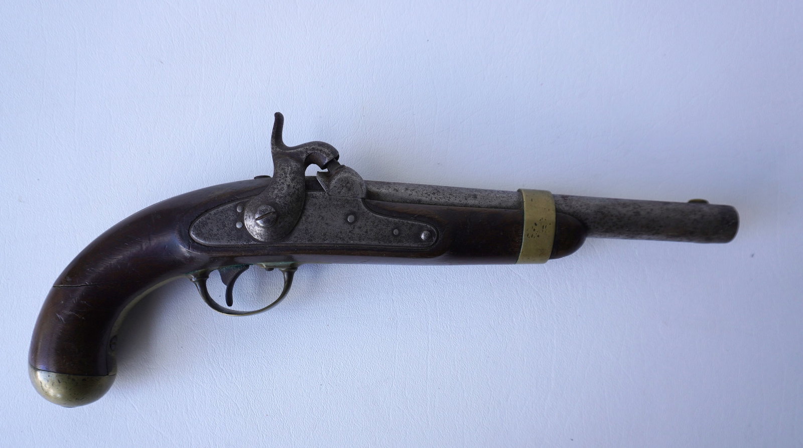 A US Model 1842 percussion pistol signed "US H. Aston & Co." and Model xxxx (worn) on lock plate,: A US Model 1842 percussion pistol signed "US H. Aston & Co." and Model xxxx (worn) on lock plate, and impressed cartouche mark on left side of stock within oval "WAT" (William Anderson Thornton) - ano