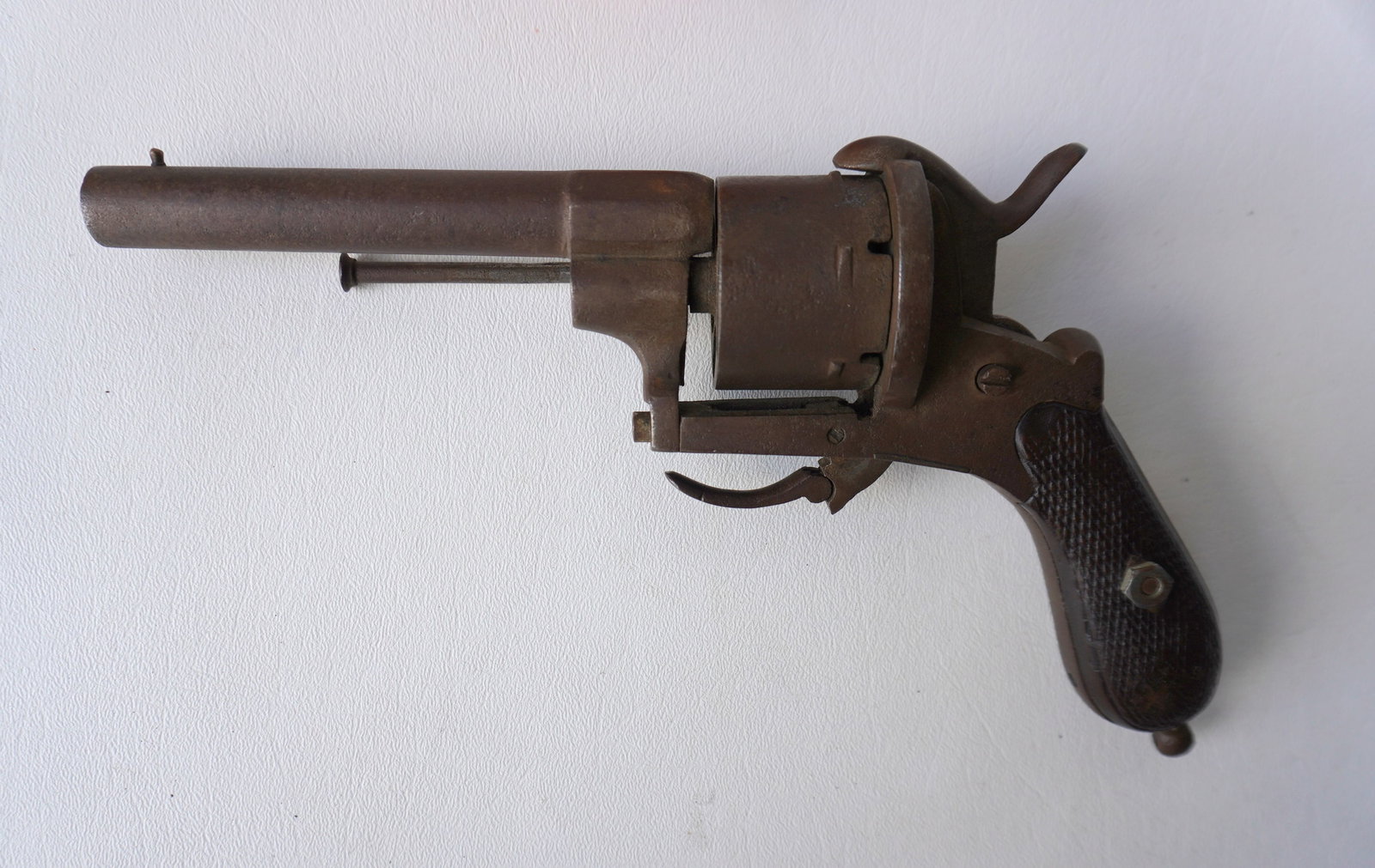 A Lefaucheux Model 1858 revolver, single-action, 6 shot, probably Civil War era 1860-65. The: A Lefaucheux Model 1858 revolver, single-action, 6 shot, probably Civil War era 1860-65. The trigger must be pushed forward to activate hammer for shooting, and in good working order. Some surface rus