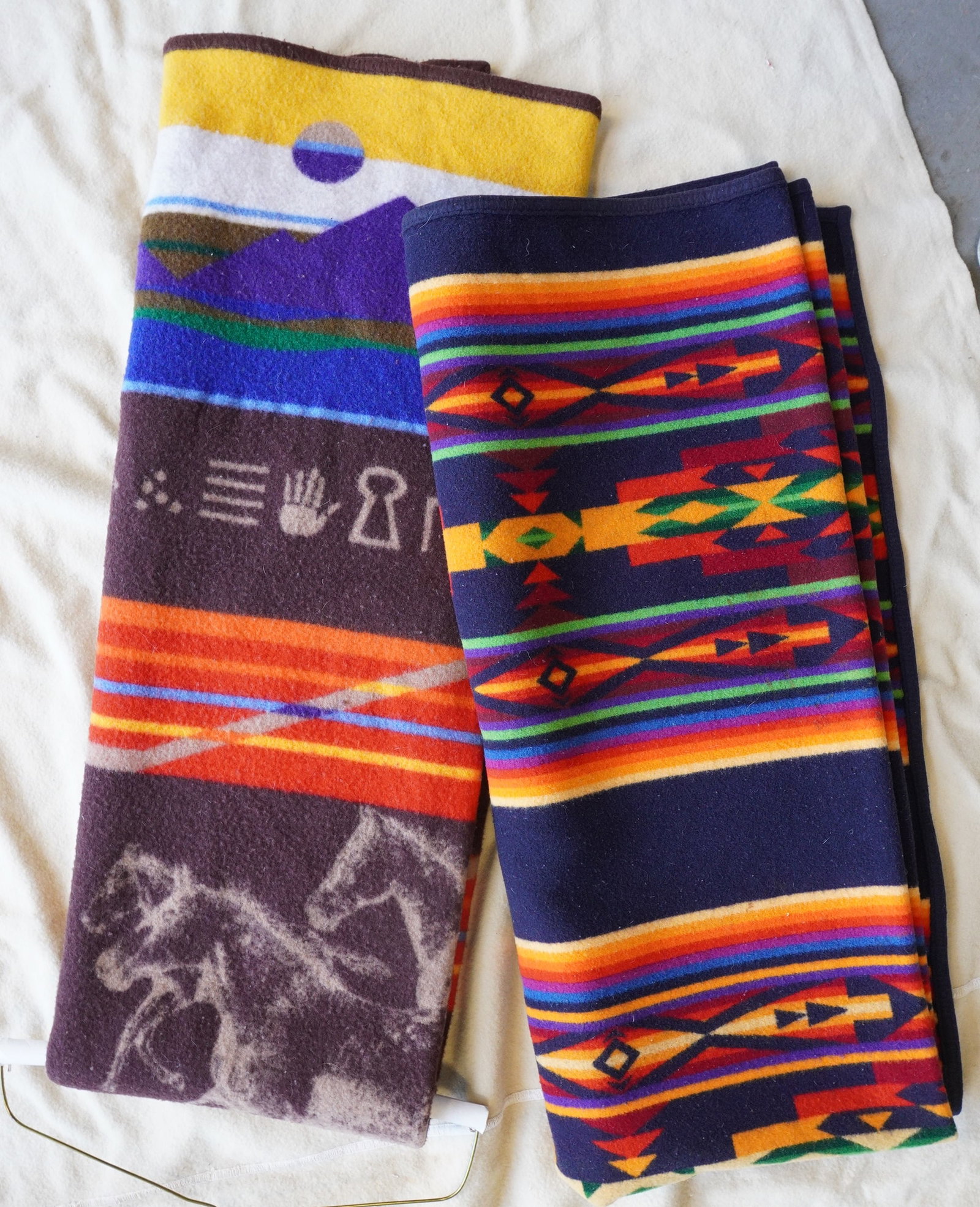 Two very fine signed Pendleton wool blankets in Native American patterns. One also labelled: Two very fine signed Pendleton wool blankets in Native American patterns. One also labelled "Northwest Express / Appaloosa / To Commemorate The Appaloosa / Originally Bred By The Nez Perce". Both rece
