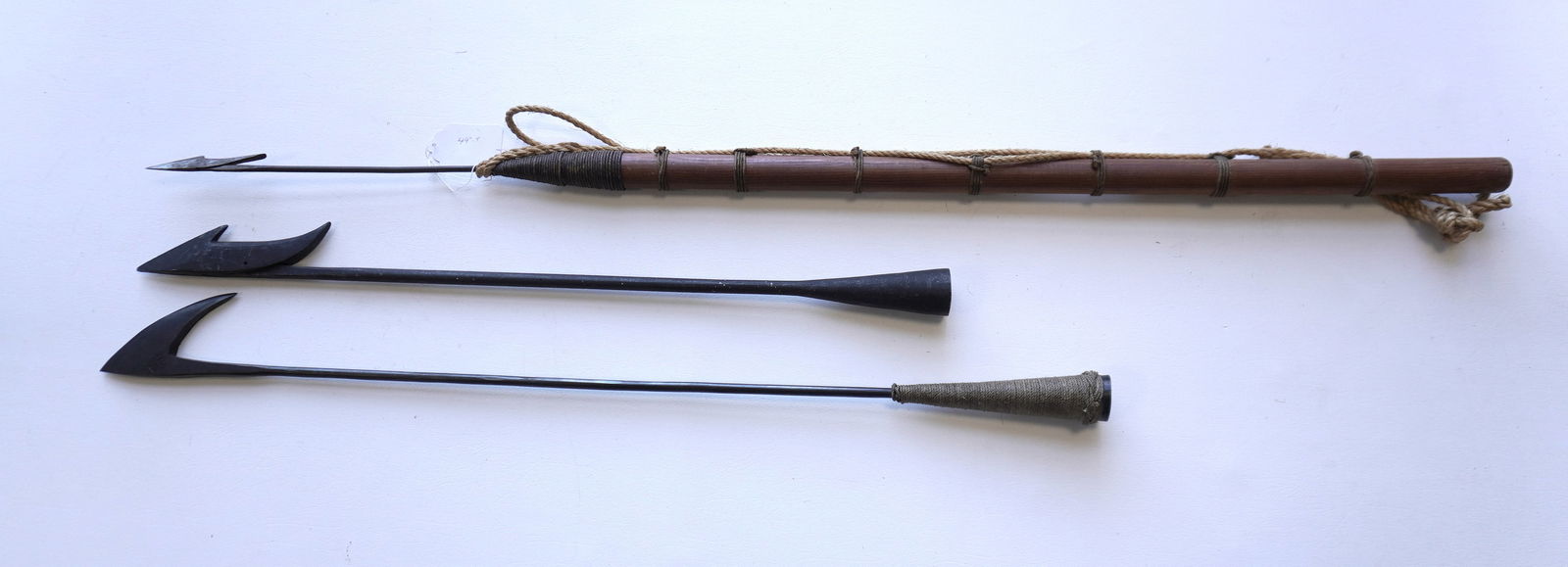 Three wrought iron whaling harpoons, the 1 flued toggle harpoon appears to be late 19th to early: Three wrought iron whaling harpoons, the 1 flued toggle harpoon appears to be late 19th to early 20th century, the other 2 late 20th century, One signed S & P on one side and LB on the other, very goo