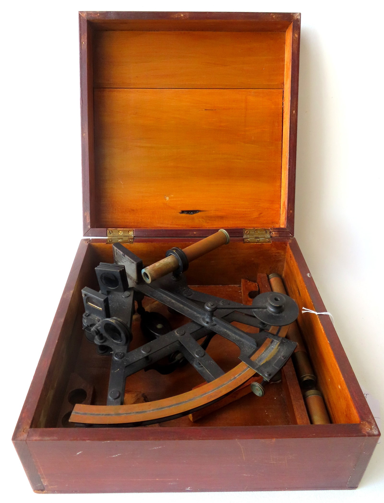 WWII sextant in original box with 2 extra eye pieces - Signed "Troughton & Simms / London".: WWII sextant in original box with 2 extra eye pieces -Signed "Troughton & Simms / London". Overall good condition. Measures 12"W x 12 1/4"D x 5 1/2"H.