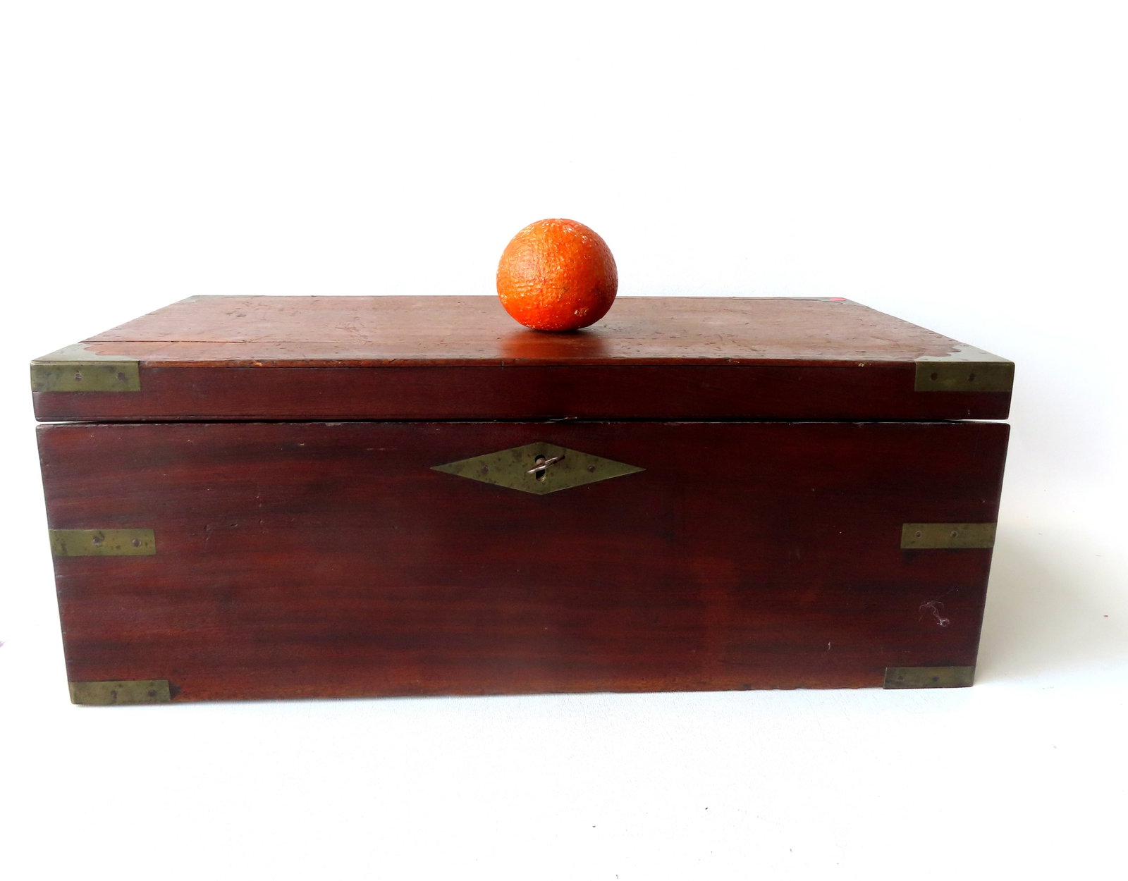 Ship's portable writing box with interior compartments, and side drawer - mahogany with brass: Ship's portable writing box with interior compartments, and side drawer - mahogany with brass straps, mid 19th century - expansion split in top and loss in one cover to the slanted lid, else good cond