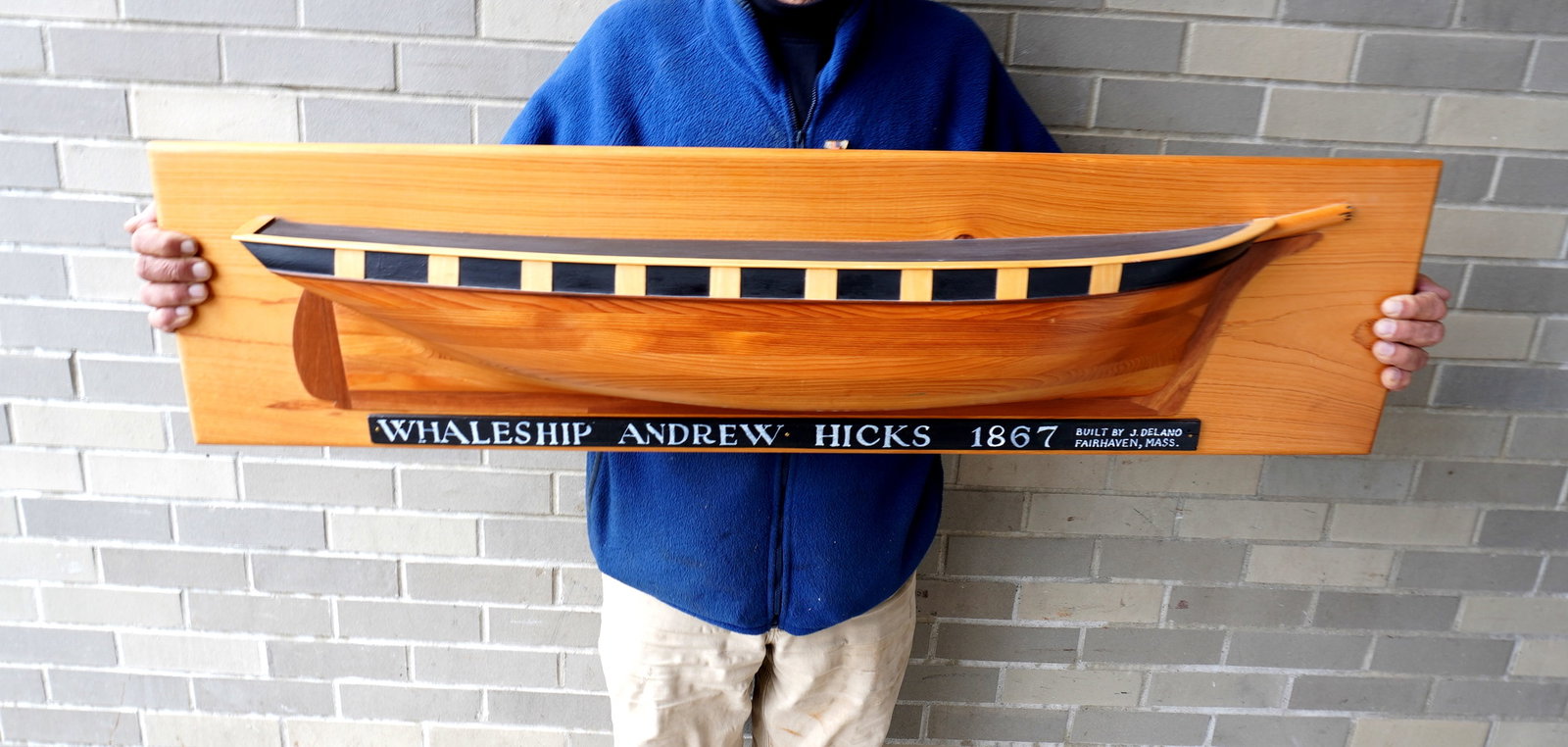 A large very high quality contemporary half-hull model with laminated hull, signed "Whaleship Andrew: A large very high quality contemporary half-hull model with laminated hull, signed "Whaleship Andrew Hicks 1867 / J. Delano / Fairhaven Mass." - J. Delano was the ship builder out of Fairhaven Mass. E