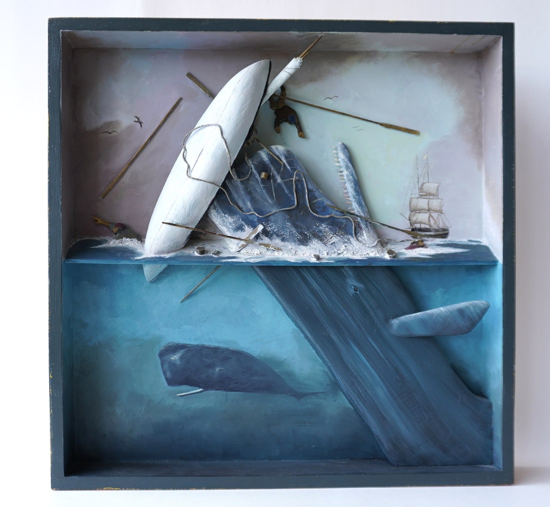 Jeff Raymond, whaling diorama (1949-2022, Poughkeepsie and Red Hook NY). A whaling diorama in grain: Jeff Raymond, whaling diorama (1949-2022, Poughkeepsie and Red Hook NY). A whaling diorama in grain painted frame, depicting a sperm whale crashing a whaling skiff, sailing ship in the background, sig