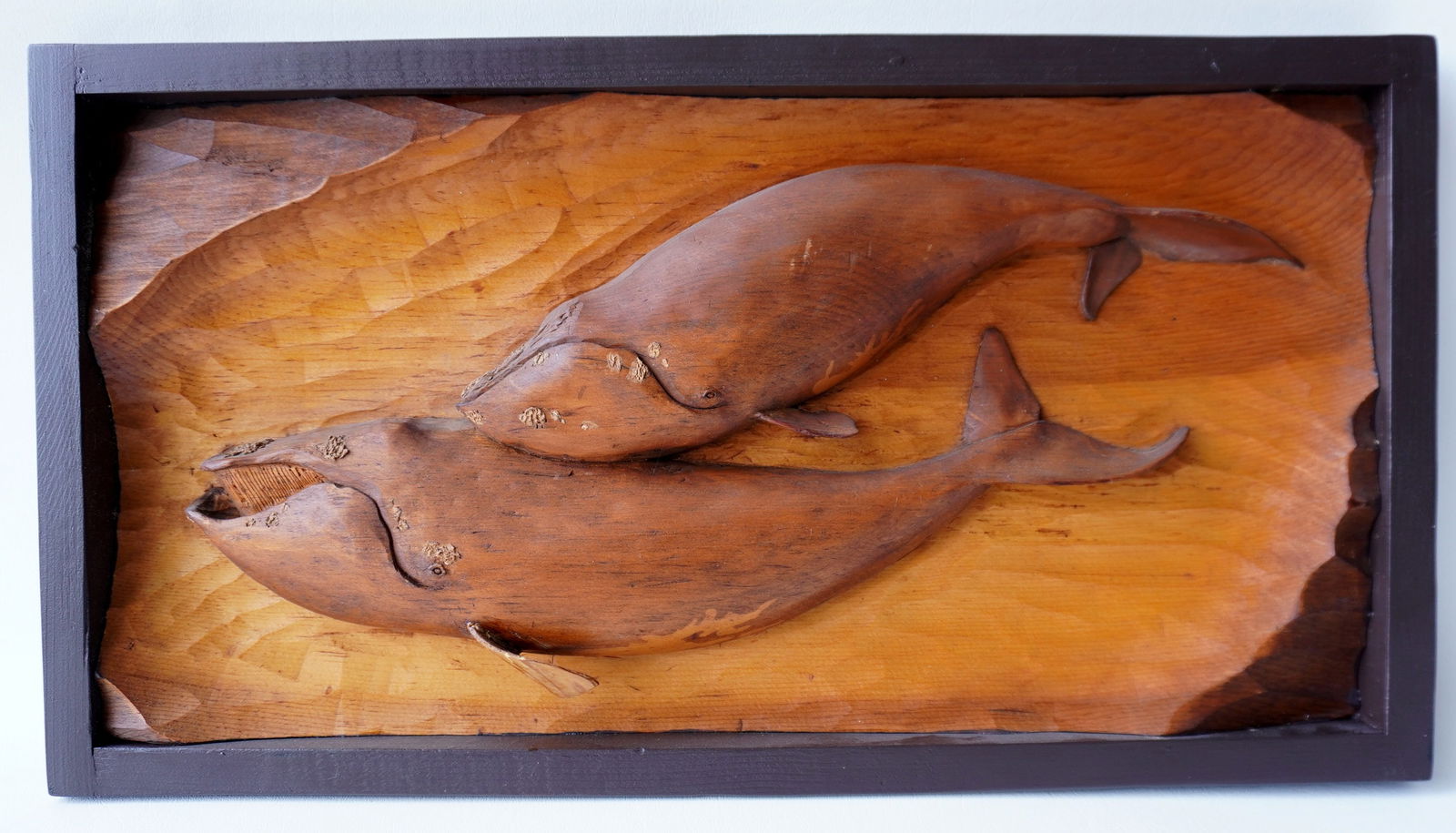 A very fine relief carved diorama of 2 Right Whales, circa 1970-90, not signed. Very good condition.: A very fine relief carved diorama of 2 Right Whales, circa 1970-90, not signed. Very good condition. Measures 22" x 12". Provenance: From the estate of Jeff Raymond, Red Hook NY.