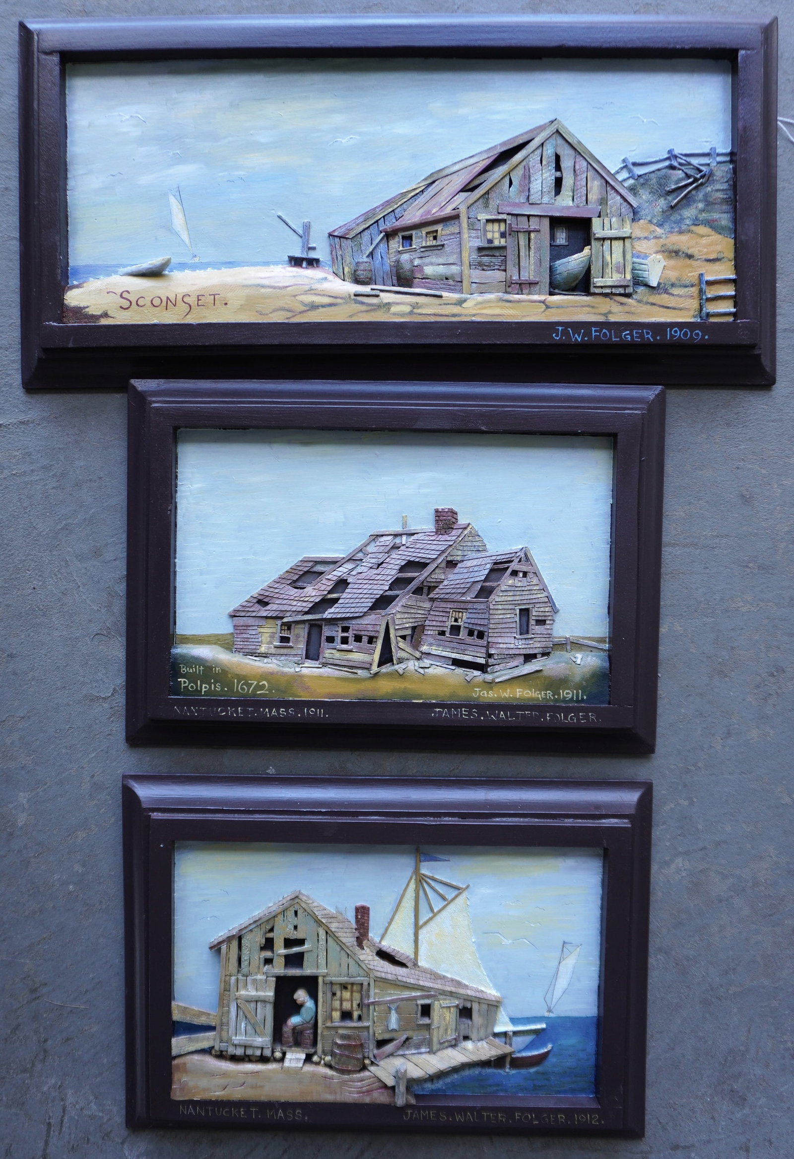 Jeff Raymond, 3 wood carvings (1949-2022, Poughkeepsie and Red Hook NY). Grouping of 3 framed wood: Jeff Raymond, 3 wood carvings (1949-2022, Poughkeepsie and Red Hook NY). Grouping of 3 framed wood carvings in honor of James Walter Folger (1851-1918) - he sold his carvings on Nantucket over 100 yea