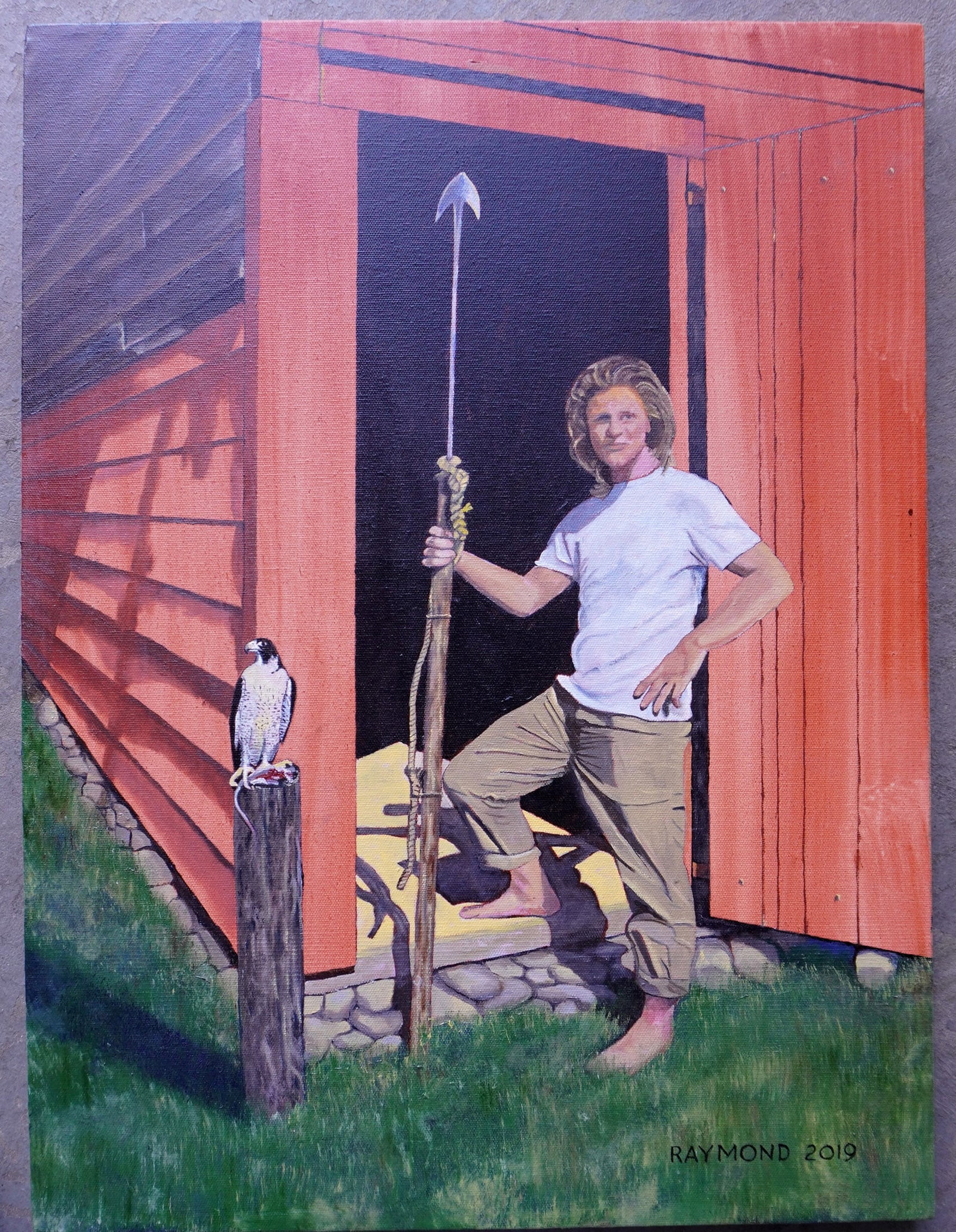 O/C Portrait of a young man holding harpoon standing next to an osprey resting on post, signed: O/C Portrait of a young man holding harpoon standing next to a Peregrine Falcon resting on post, signed Raymond 2019. Not framed - measures 18" x 24". According to family, the young man in the paintin