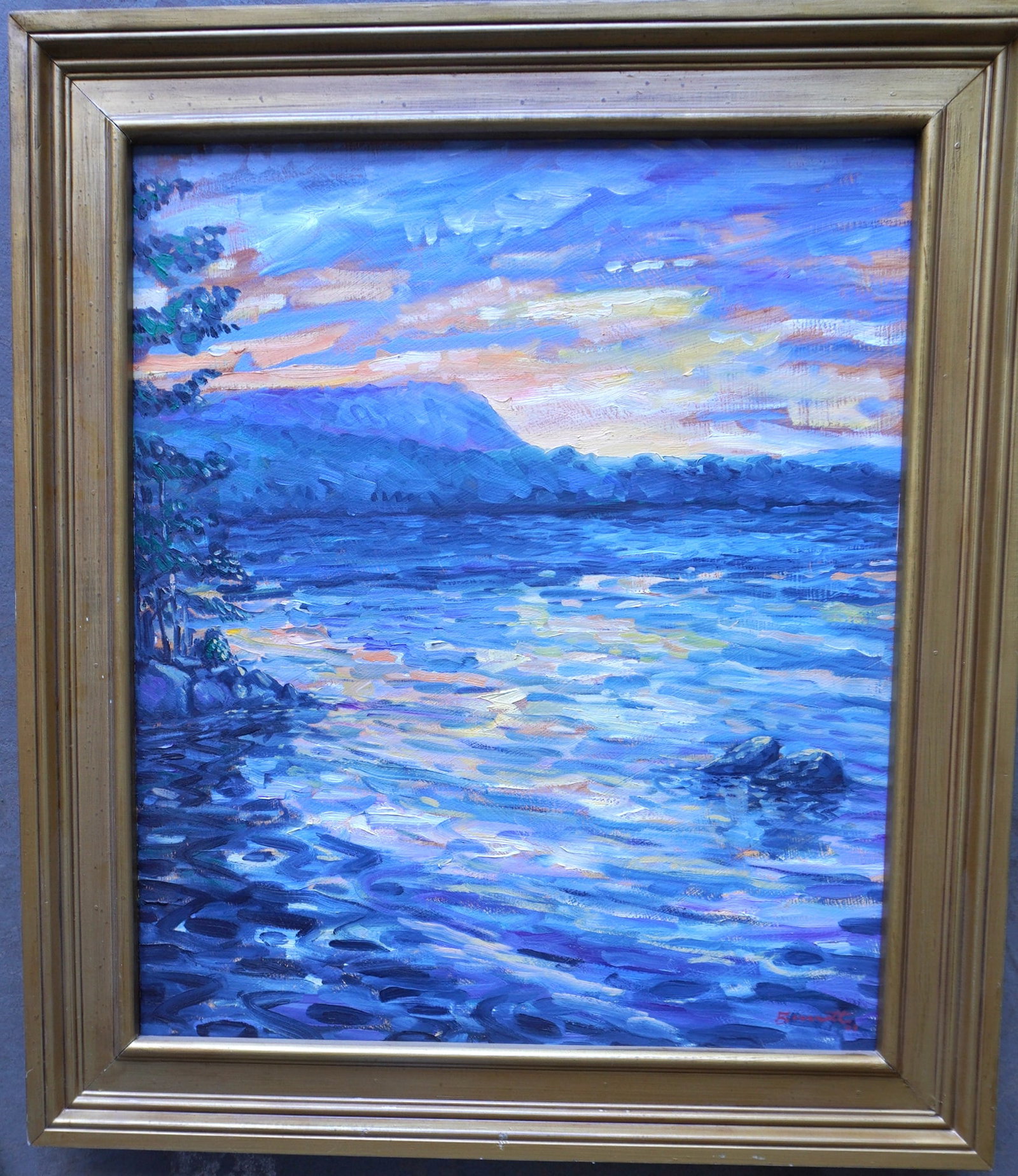 O/C Sunset on the Hudson River, signed illegibly and dated '03: O/C Sunset on the Hudson River, signed illegibly and dated '03, very good condition. Stretcher size 24" x 28" and overall size 30 1/2" x 35". Provenance: From the estate of Jeff Raymond, Red Hook NY.